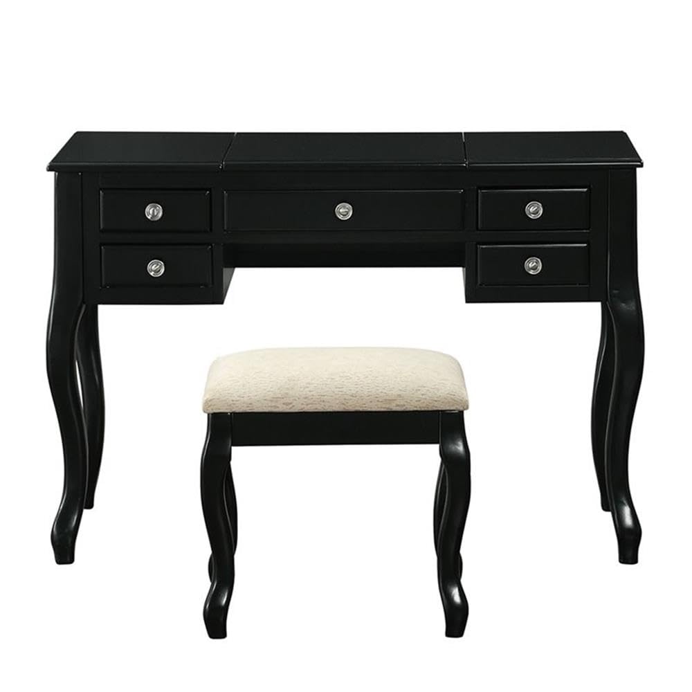 BOWERY HILL Black Wooden Vanity Set with Stool and Mirror - Elegant Dressing Table for Bedroom, Bathroom & Makeup Area - Perfect for Home Decor & Vanity Organization