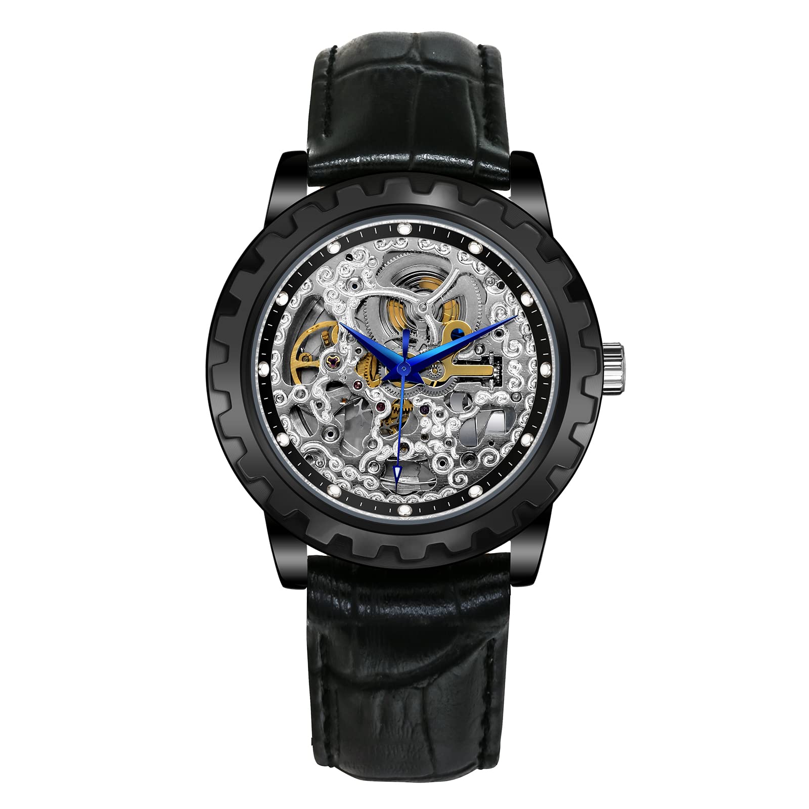 BERNY Men's Automatic Mechanical Skeleton Luxury Dress Watch - Gold Stainless Steel Case, Silver Dial, Black Leather Band, Luminous Markers, 5ATM Waterproof, Exhibition Back | Perfect for Business, Formal Events & Gift Giving