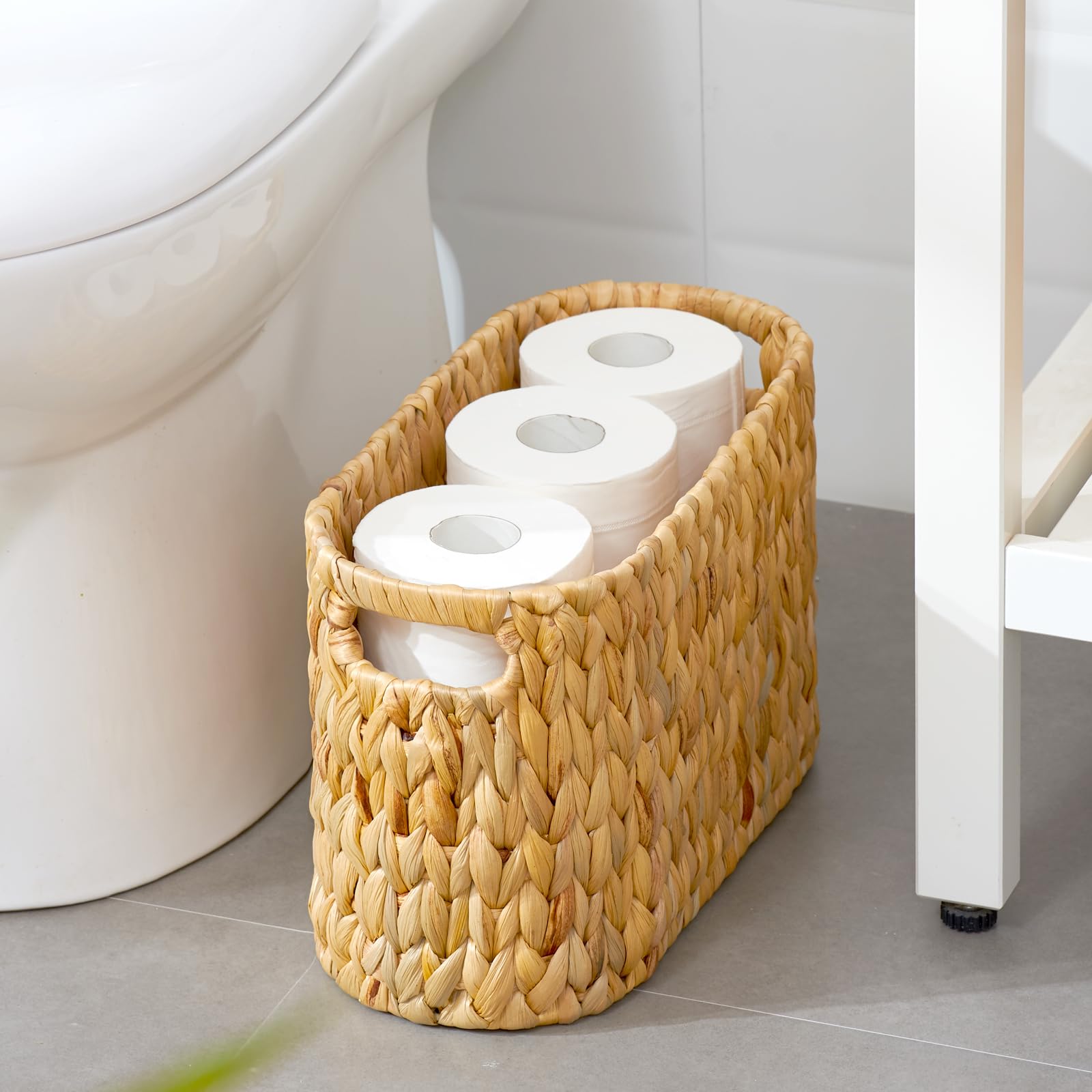 ELONG HOME Water Hyacinth Wicker Toilet Paper Storage Holder - Holds 6 Rolls with Built-in Handles | Bathroom Organizer for Toilet Paper Storage | Perfect for Bathroom, Vanity, and Guest Room Organization