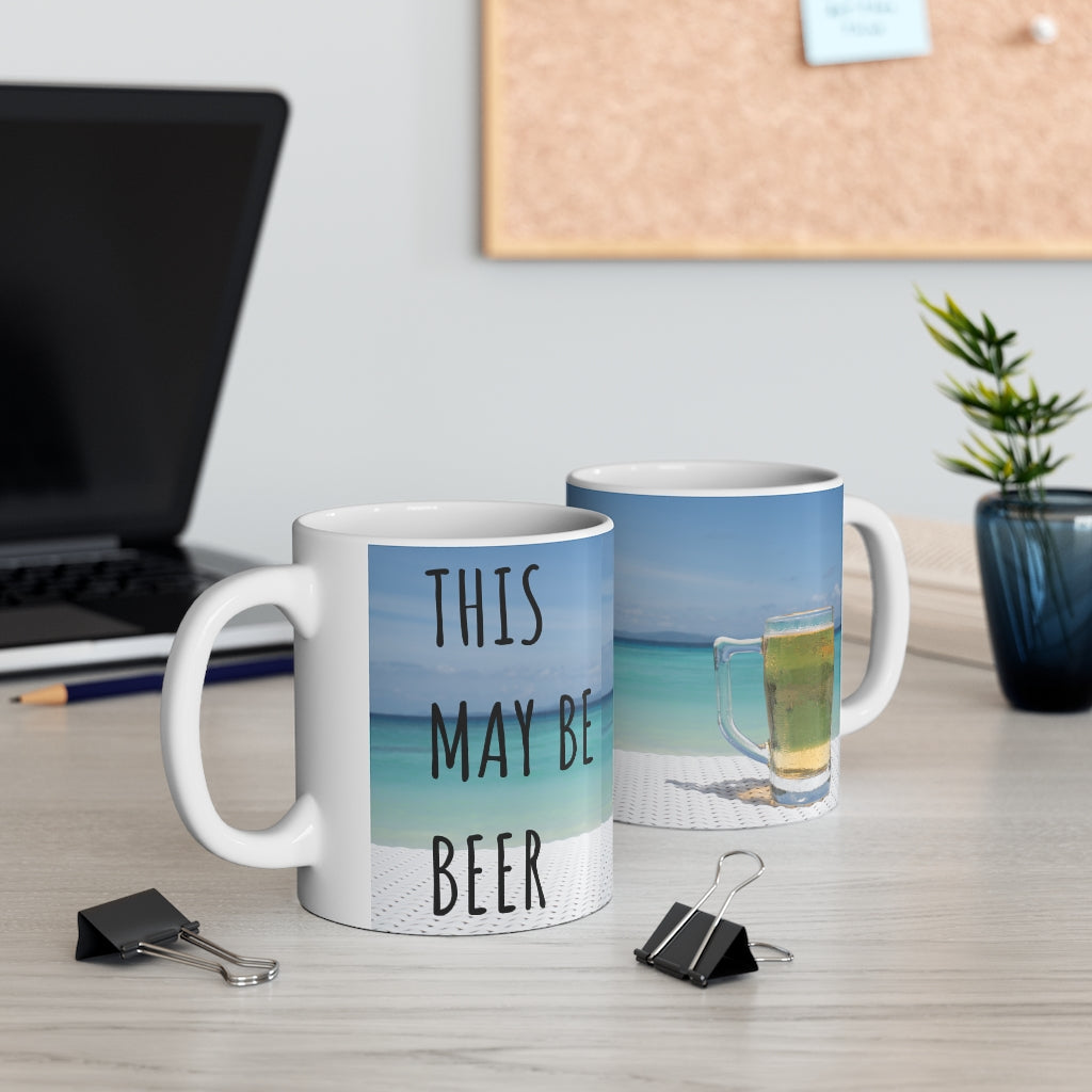 Beachy Beer Ceramic Mug - 16oz Handmade Stoneware Drinking Cup with Summer Coastal Design - Perfect for Beach Parties, Backyard BBQs & Gifts