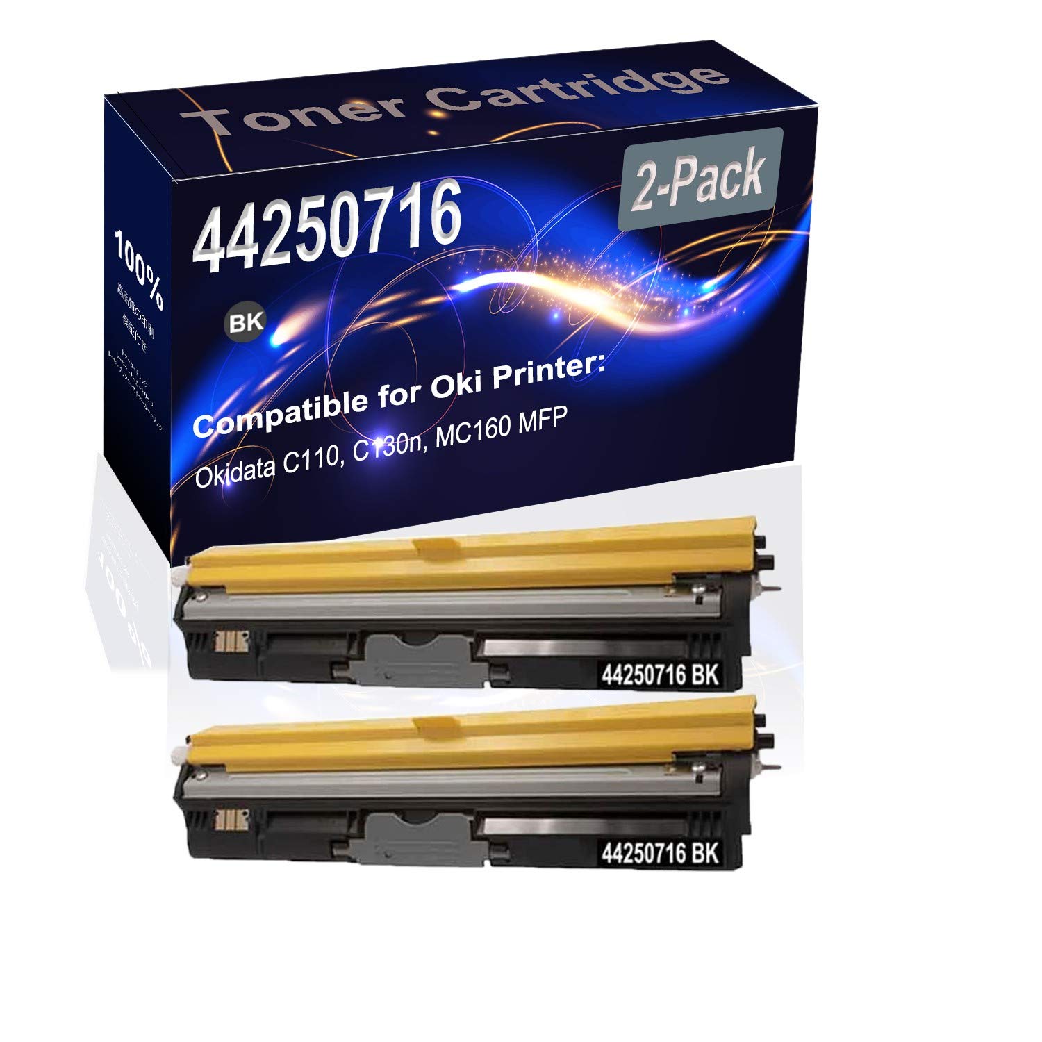 2-Pack High Capacity Black Laser Printer Toner Cartridge - Compatible with Oki C110/C130n/MC160 MFP (Replacement for 44250716) - Perfect for Office & Home Printing Needs