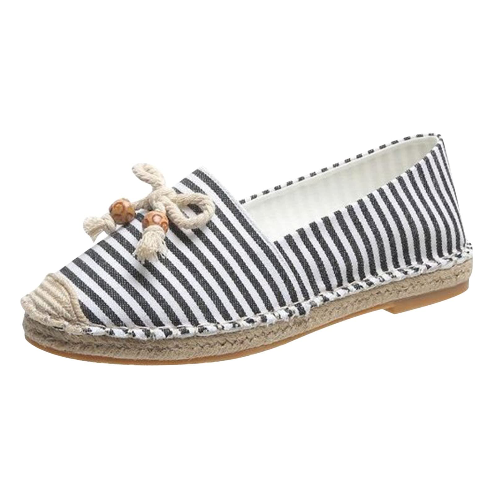 Women's Breathable Canvas Sneakers with Beaded Bow - Comfortable Walking Shoes for Women, Slip-On Casual Flats with Striped Design - Perfect for Leisure, Travel & Everyday Wear