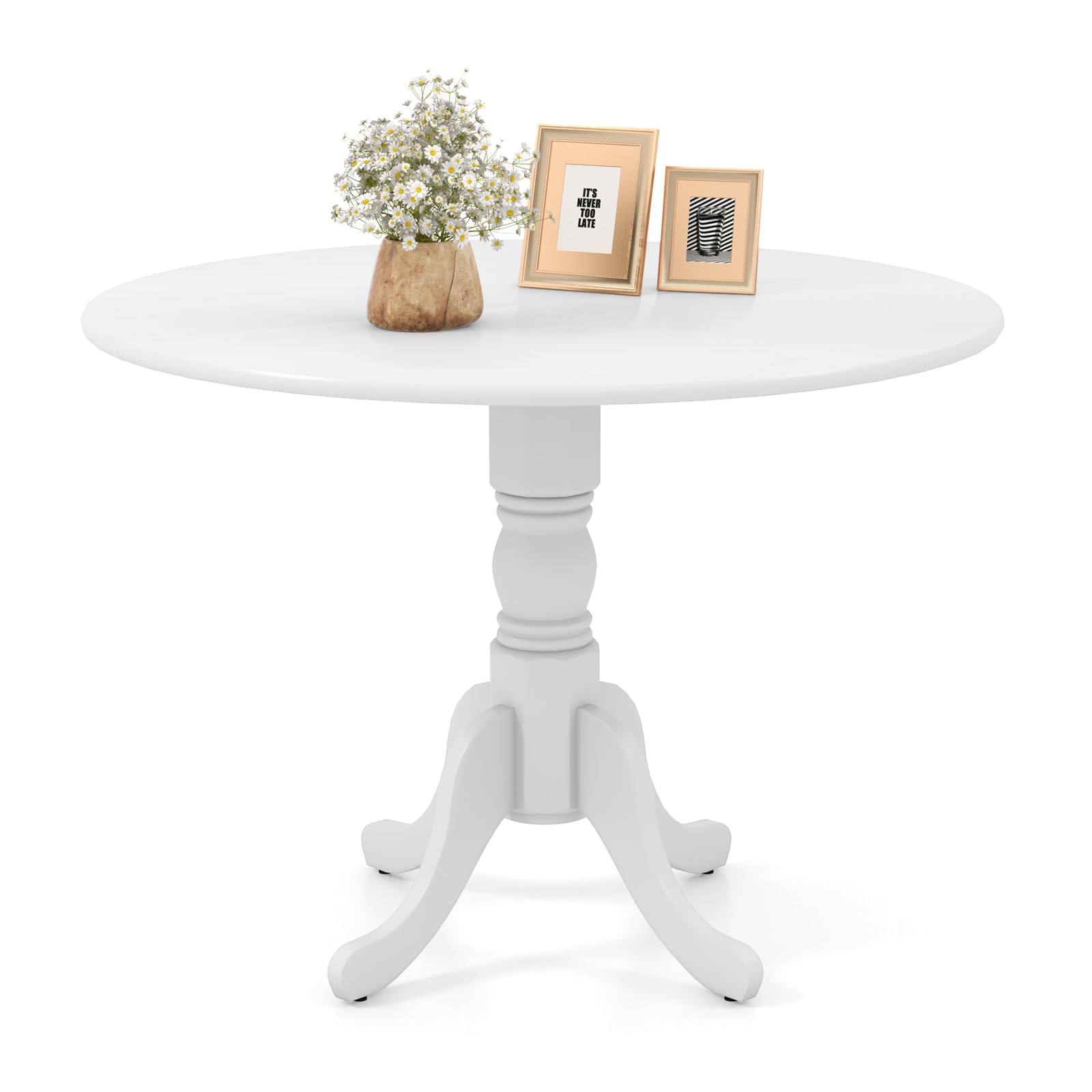 39-inch Round Wooden Dining Table for 4 - Solid Rubber Wood Kitchen Table with Curved Trestle Legs & Adjustable Foot Pads - Mid Century Rustic Style - Perfect for Small Spaces, Apartments, Kitchen Nooks & Cozy Dining Rooms (White)