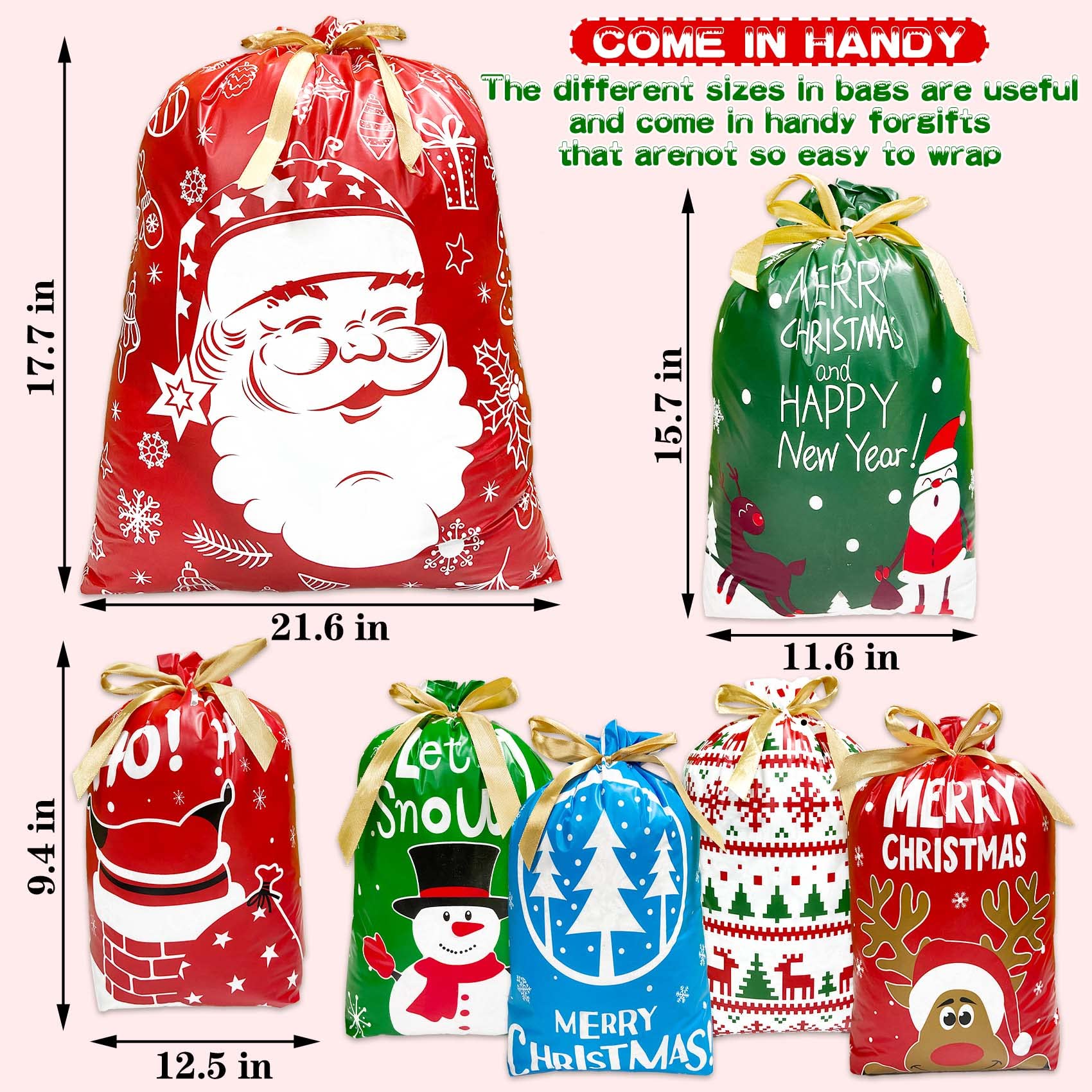 Funnlot 38PCS Christmas Drawstring Gift Bags - Large Holiday Present Bags with Assorted Sizes (3 Sizes & 7 Designs) - Perfect for Wrapping Christmas Presents, Party Favors, and Holiday Gift Exchanges
