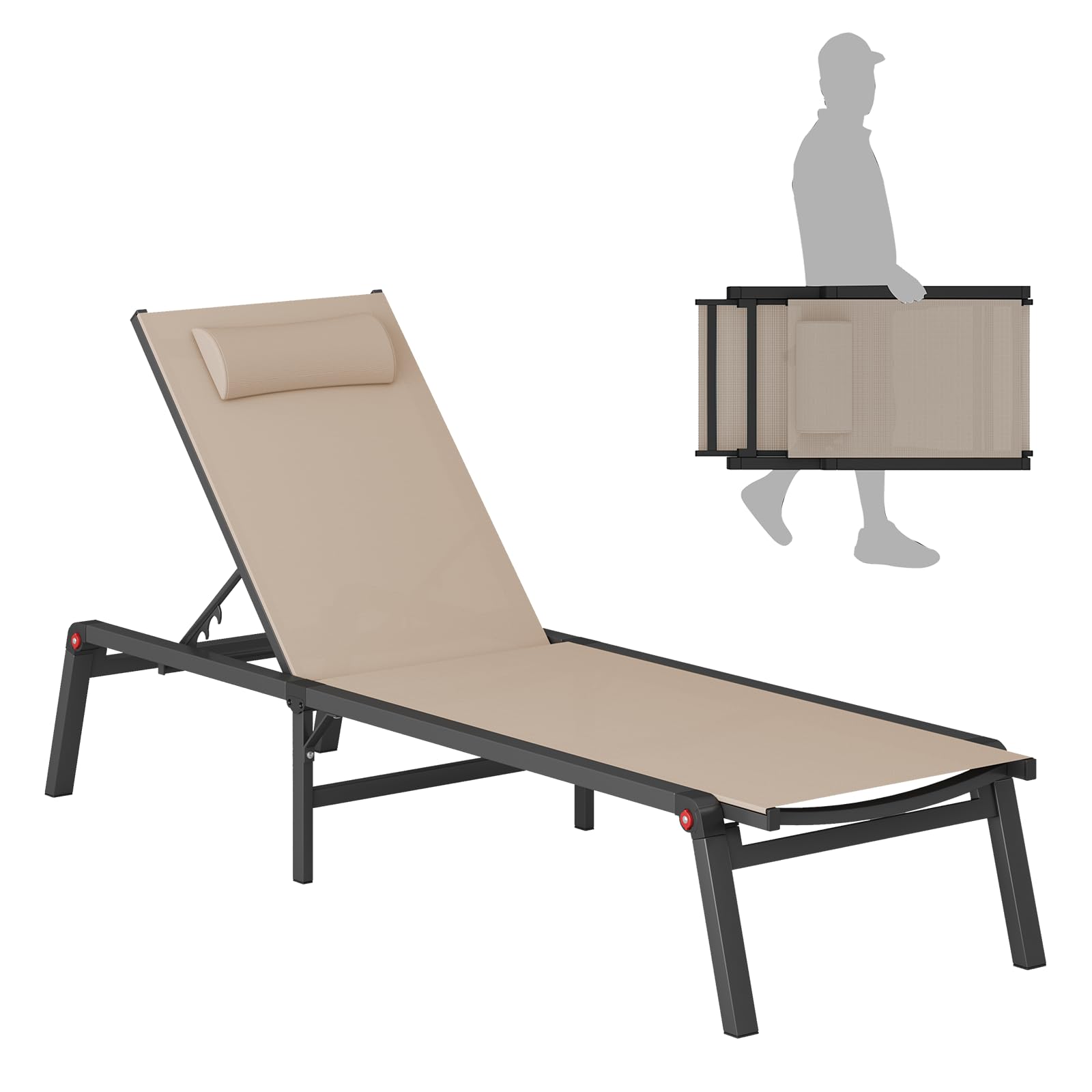 5-Position Adjustable Aluminum Folding Chaise Lounge Chair for Outdoor, Patio, Pool & Beach - Lightweight & Durable Tanning Recliner - Perfect for Sunbathing, Relaxing by the Poolside or Backyard Lounging (Khaki)