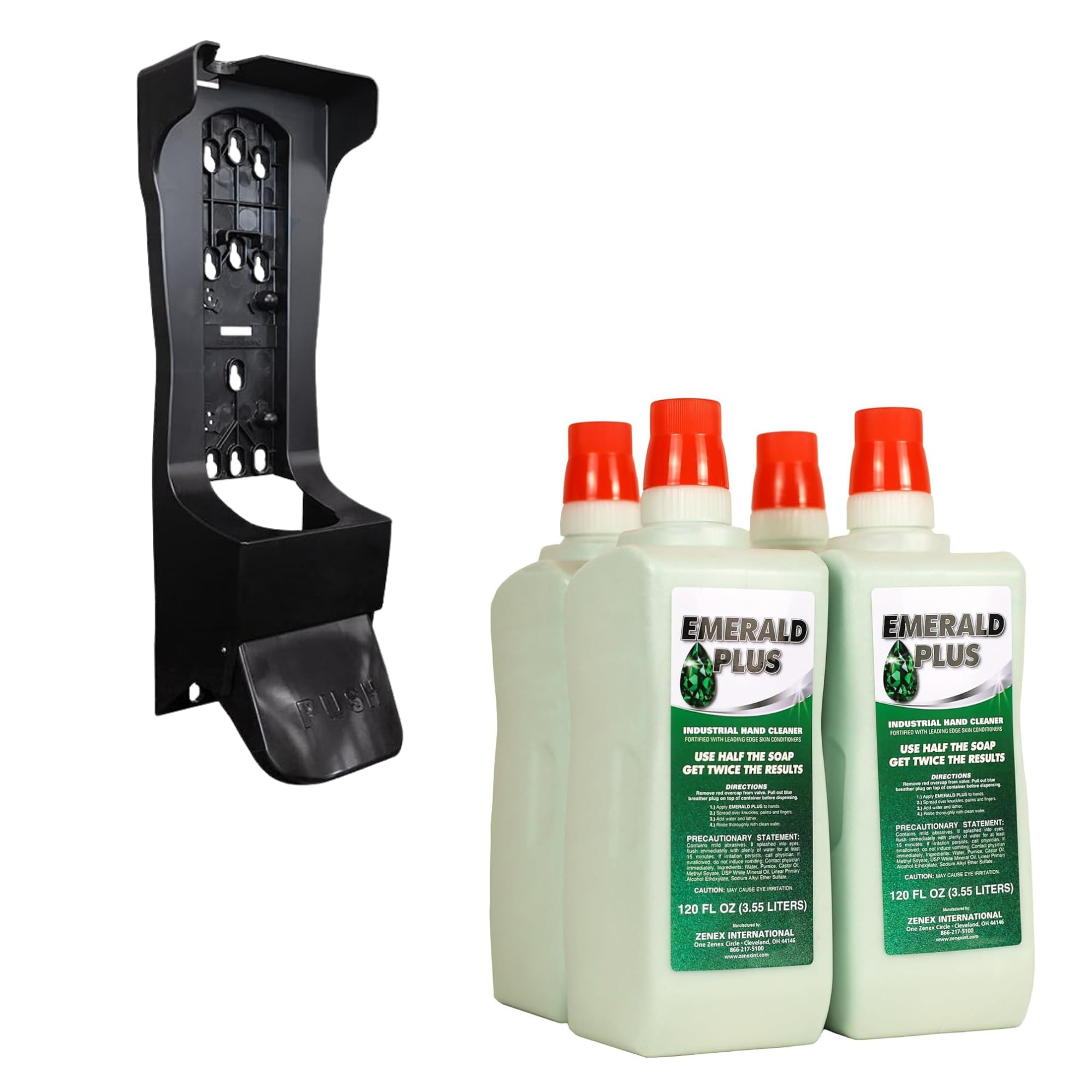 Zenex Emerald Plus Industrial Hand Soap & Dispenser Bundle - 4-Pack 3.55L Heavy Duty Hand Cleaner with Pumice | Wall Mounted Push-Style Dispenser | Grease & Grime Remover | Lemon Scent | Easy Installation | Ideal for Garages, Workshops & Commercial Kitchens