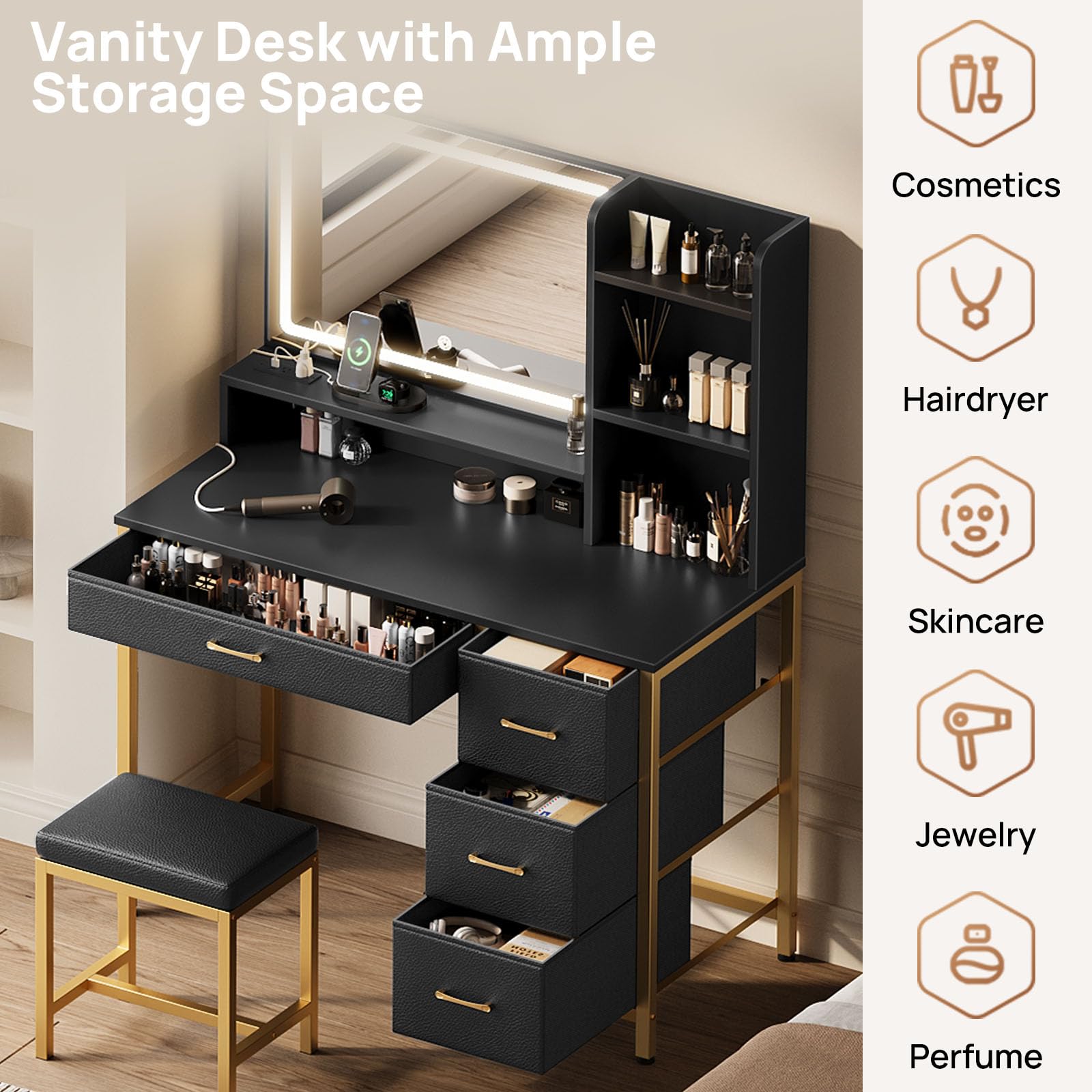 Rolanstar Vanity Desk with Mirror and Lights - Makeup Vanity Set with Upholstered Stool, 4 Drawers & Power Outlets, Black and Gold Dressing Table for Bedroom, Bathroom or Dressing Room