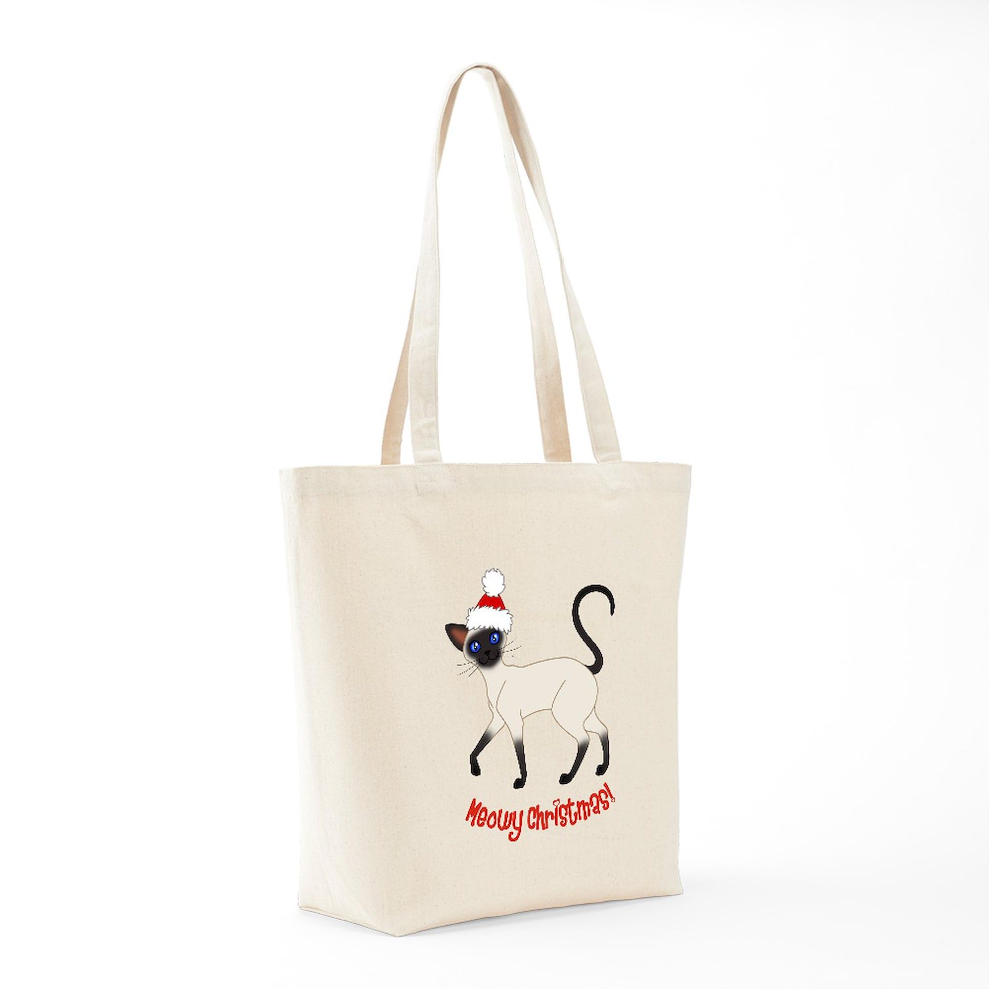 Christmas Siamese Cat Tote Bag - Natural Canvas Reusable Shopping Bag for Holiday Gifts, Groceries & Beach Trips
