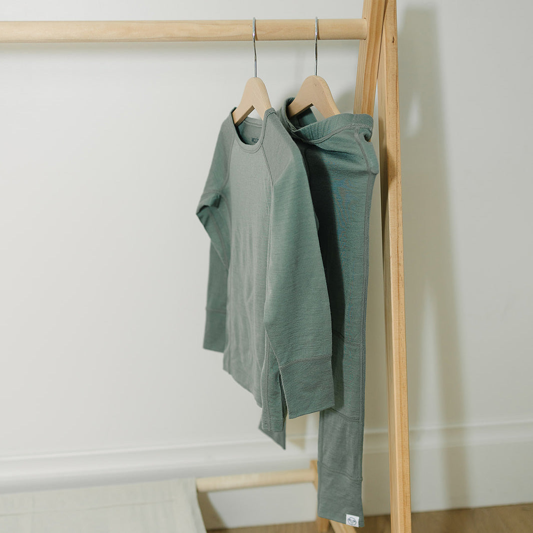 Kids Merino Wool Base Layer - Long Sleeve Thermal Top in Sage Green | Perfect for Winter Outdoor Activities & Layering