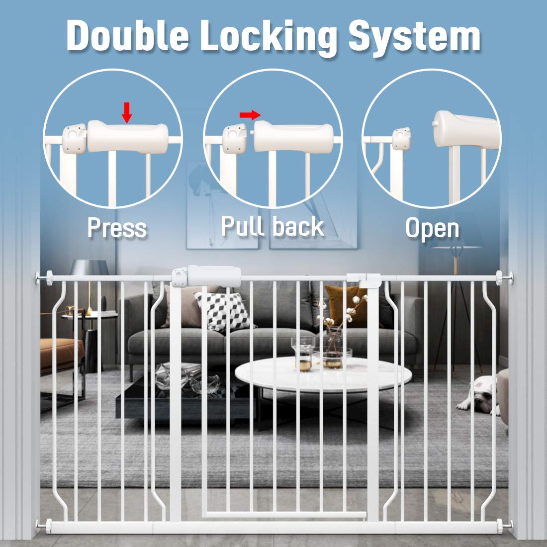 ALLAIBB Extra Wide Auto-Close Baby Gate - 57.48-62.20 Inch White Metal Safety Barrier for Stairs, Doorways, Kitchen & Living Room | Child & Pet Proof Walk-Through Design | Perfect for Homes with Toddlers and Small Dogs