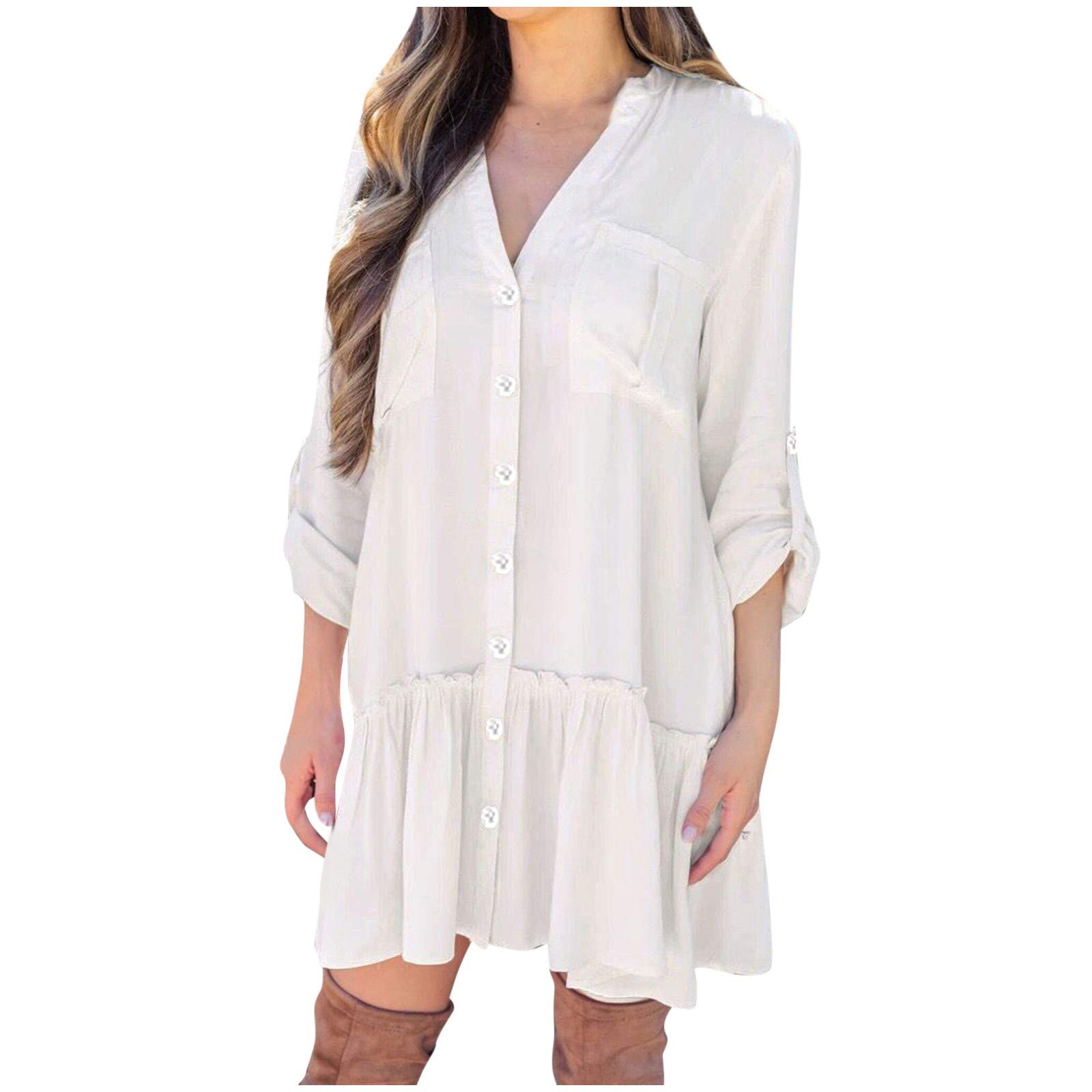 UIKMNH Women's Long Sleeve V-Neck Mini Dress - Solid Color Casual & Athletic Above Knee Dress for Spring/Fall | Perfect for Workout, Office Wear & Date Night Outfits