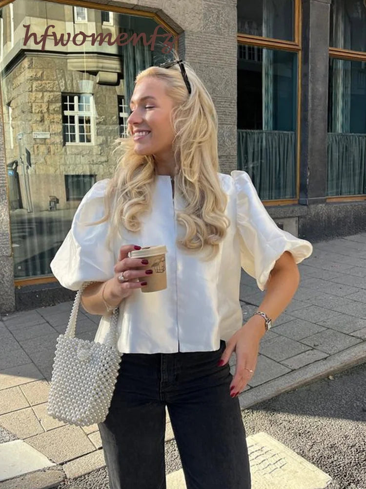 Elegant Satin Ruffle Blouse for Women - Lantern Short Sleeve Loose Fit O-Neck Top | Spring Summer Fashion Streetwear | Perfect for Office, Date Night & Casual Outings