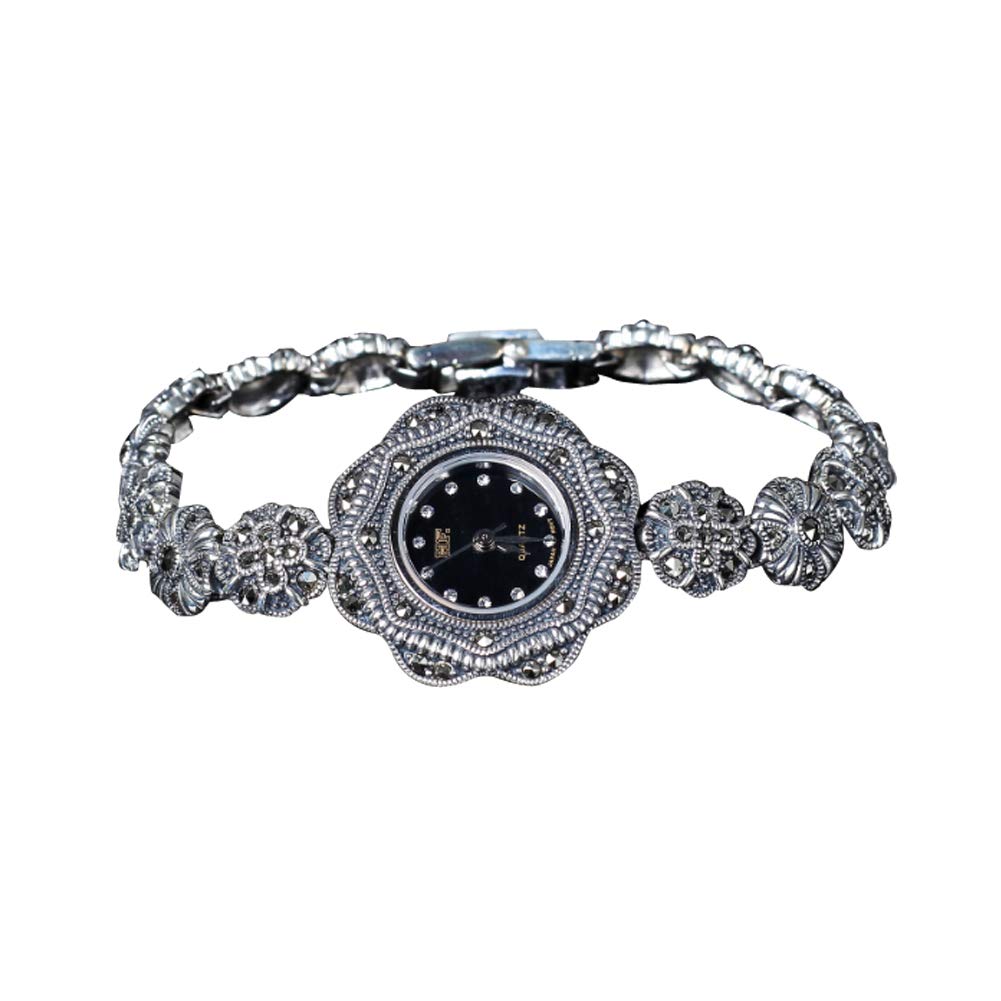 Jade Angel Women's Sterling Silver Retro Floral Pave Marcasite Watch - Elegant Vintage Style for Everyday Wear & Special Occasions