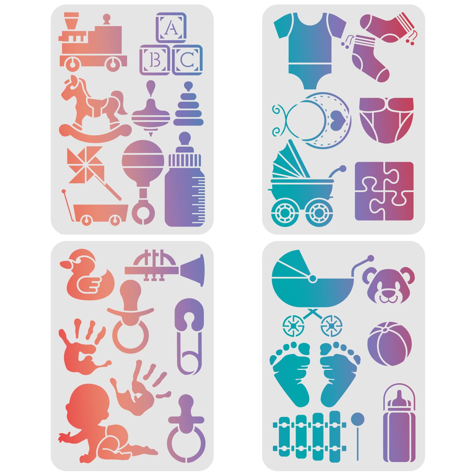 FINGERINSPIRE 4-Piece Baby Theme Stencil Set - 11.6x8.3 Inch Reusable Plastic Templates for Baby Bottle, Stroller, Wood, Floor, Wall & Tile - DIY Painting & Craft Projects for Nursery Decor, Kids Rooms & Baby Showers