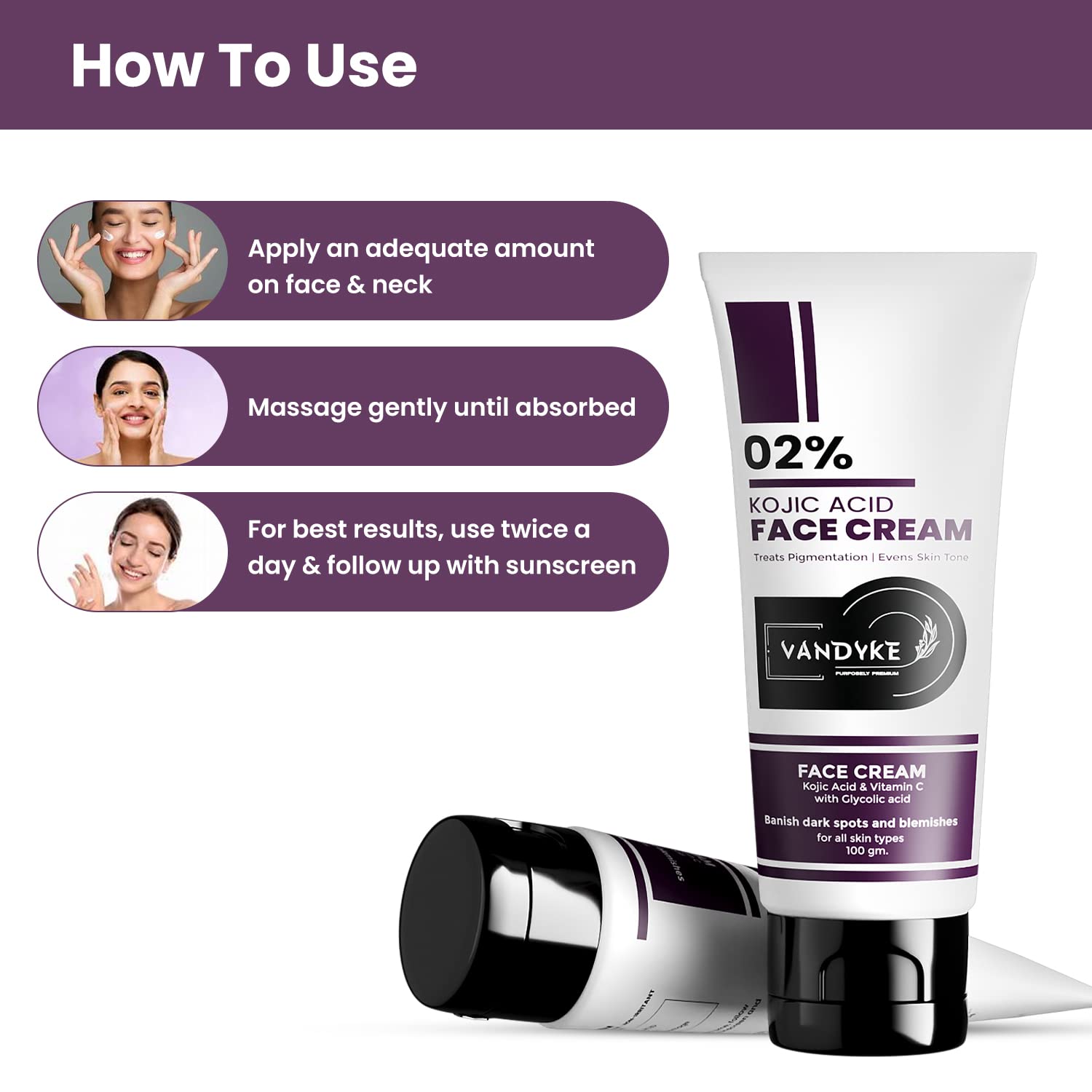 Vandyke 2% Kojic Acid Face Cream for Dark Spots & Hyperpigmentation - Brightening Skin Treatment for Even Tone (100g) | Daily Use for Acne Scars, Sun Damage & Age Spots