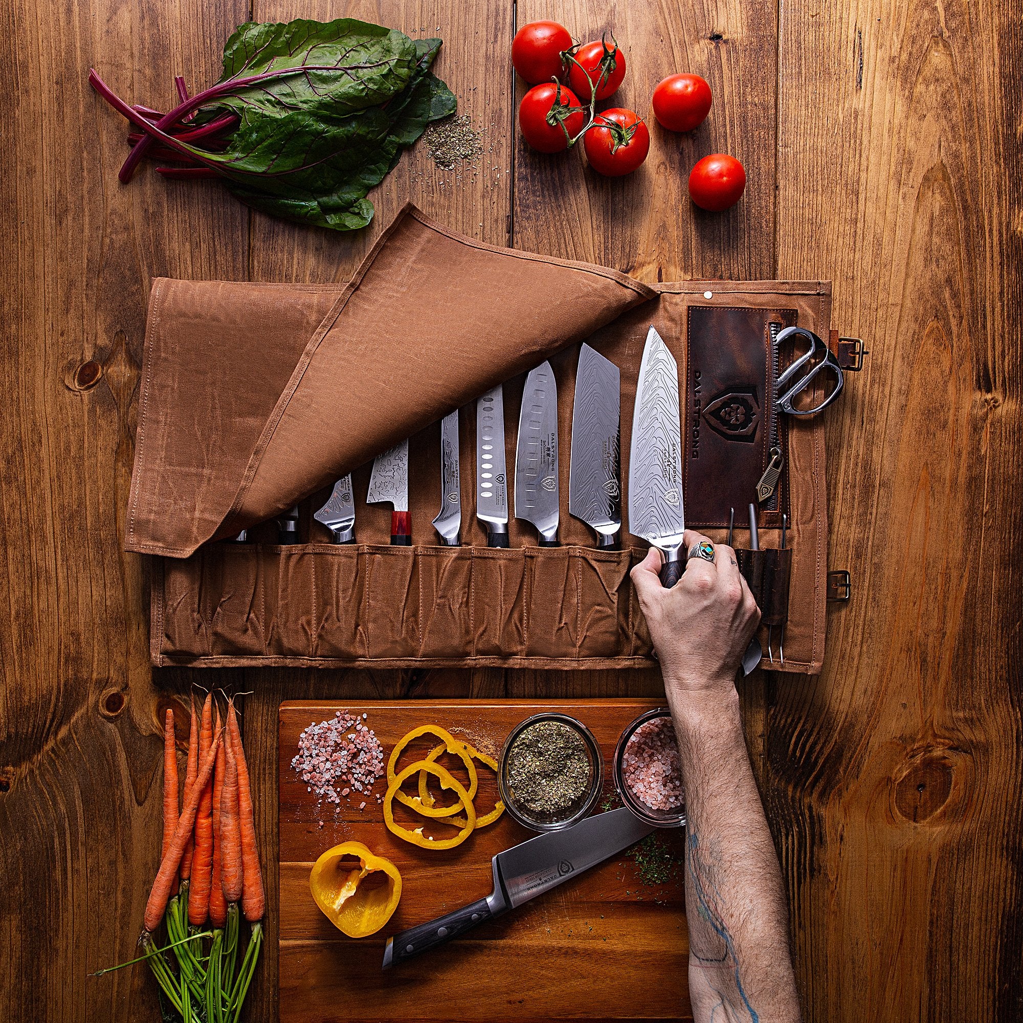 12oz Heavy Duty Canvas & Leather Knife Roll - Desert Drifter Brown - Professional Chef Knife Organizer - Dalstrong © - Perfect for Chefs, BBQ & Camping Gear Storage