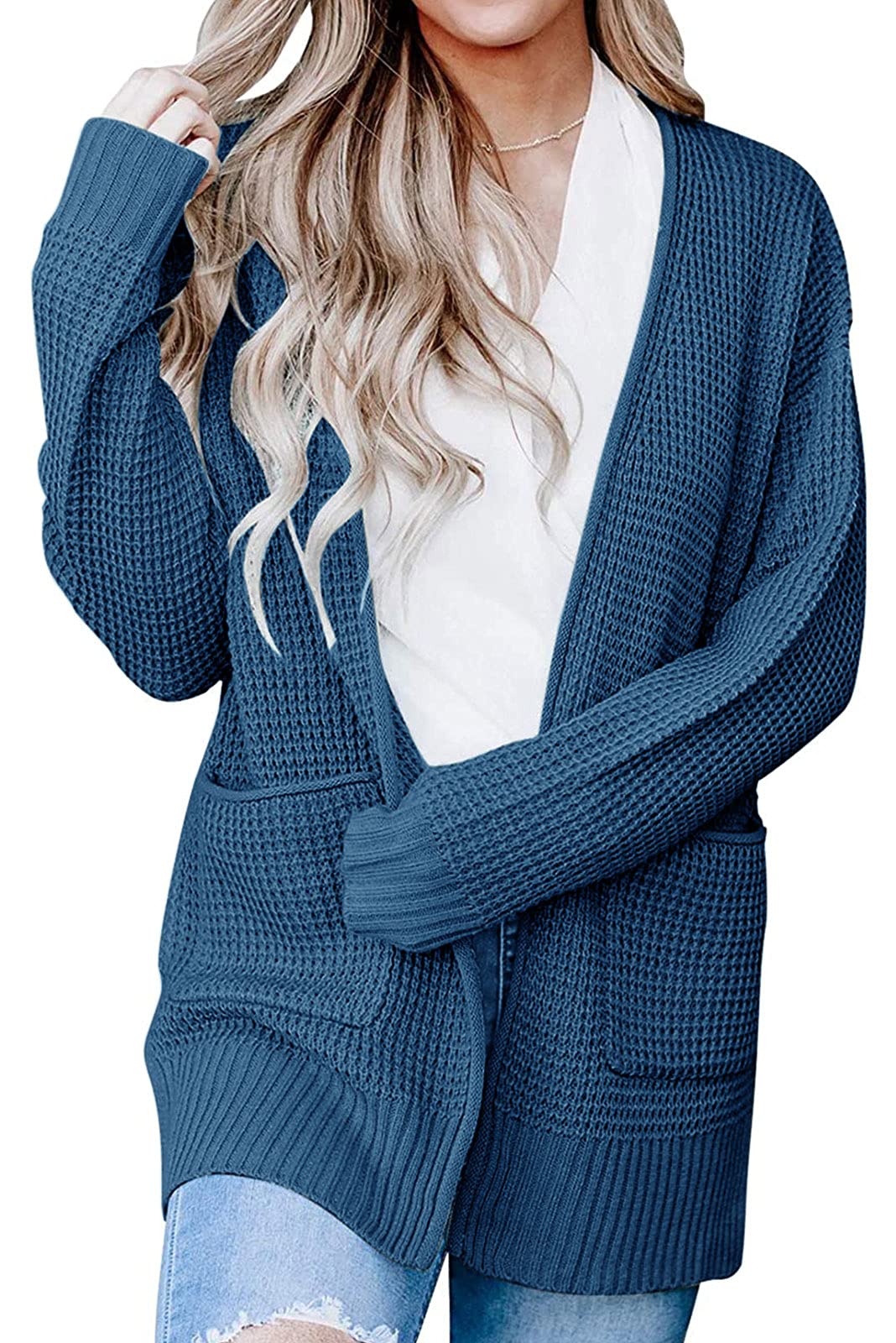 MEROKEETY Women's Long Sleeve Waffle Knit Cardigan - Open Front Side Slit Sweater for Fall & Winter | Cozy Casual Wear for Office, Travel & Lounge