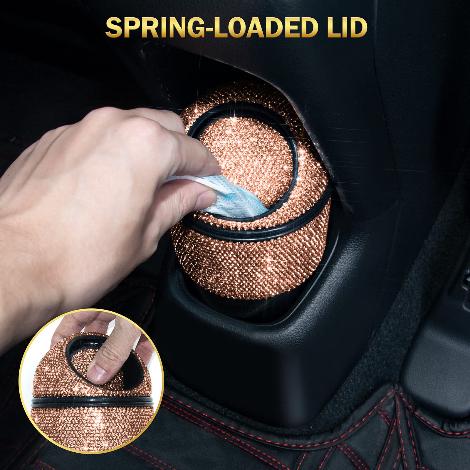 Bling Crystal Car Trash Can with Lid - Mini Auto Garbage Bin for Car, Office & Home - 5 Pack Disposable Bags Included - Gold Cup Holder Trash Can for Women (Perfect for Road Trips, Commuting & Workspace Organization)
