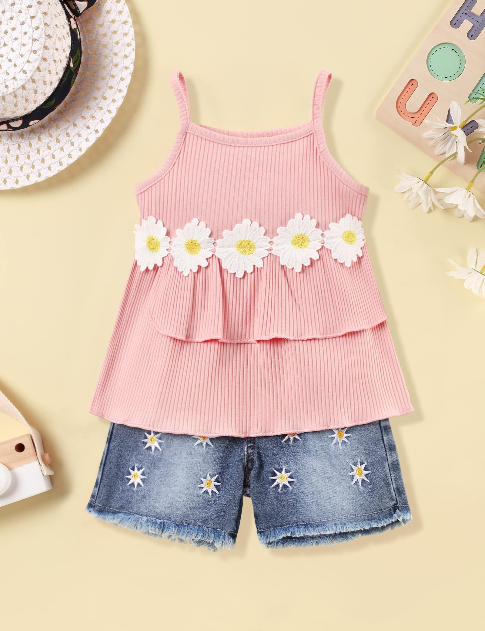 Toddler Girl Summer Outfits - Ruffle Daisy Camisole Tank Top & Denim Shorts Set (2-6T) | Cute Casual Playwear for Beach, Park & Summer Activities
