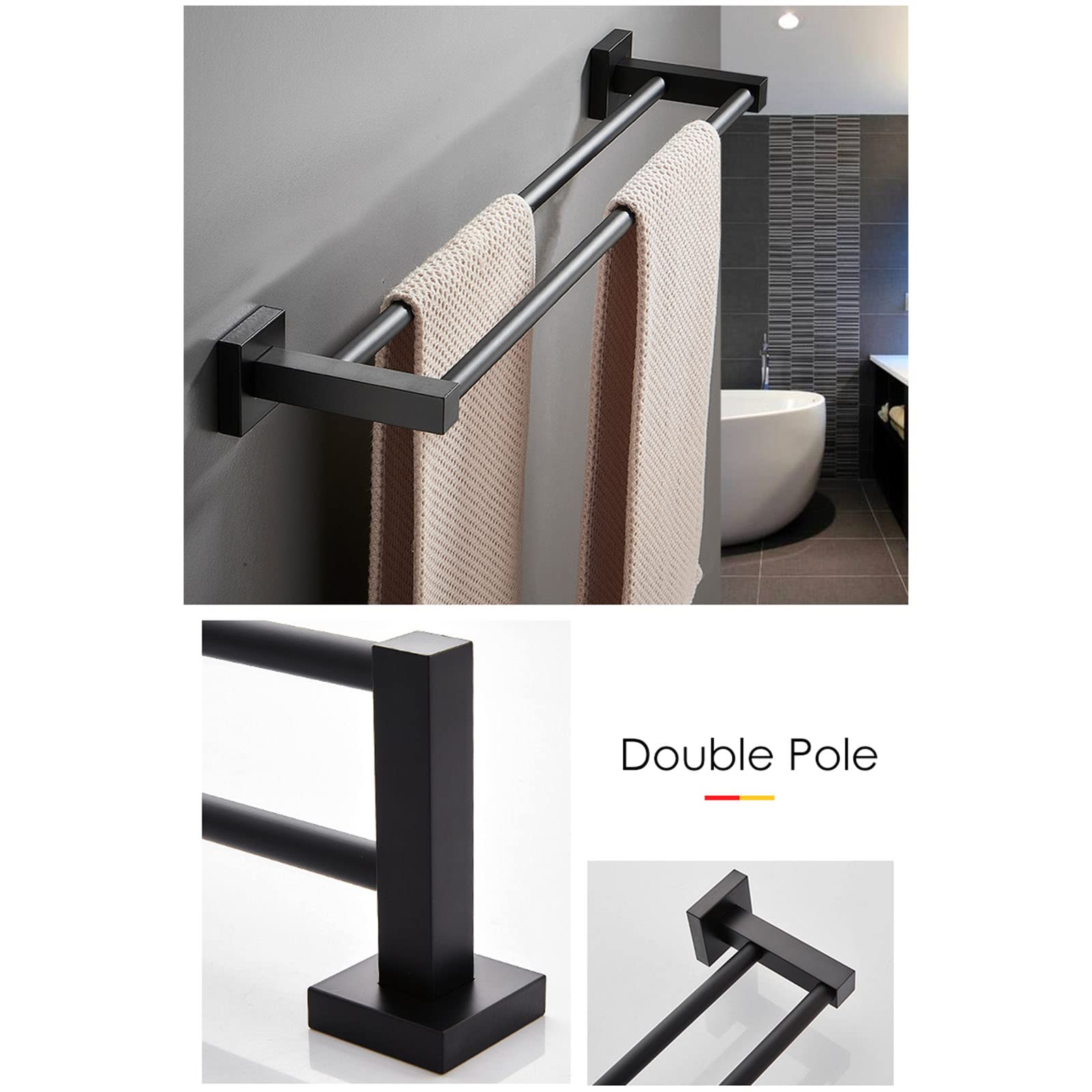 6-Piece Matte Black Bathroom Hardware Set - Double Towel Bar, Towel Rack, Towel Ring & Toilet Brush Holder - Durable Aluminum Bathroom Accessories for Modern Home Decor (Ideal for Bathroom Organization & Space Saving)