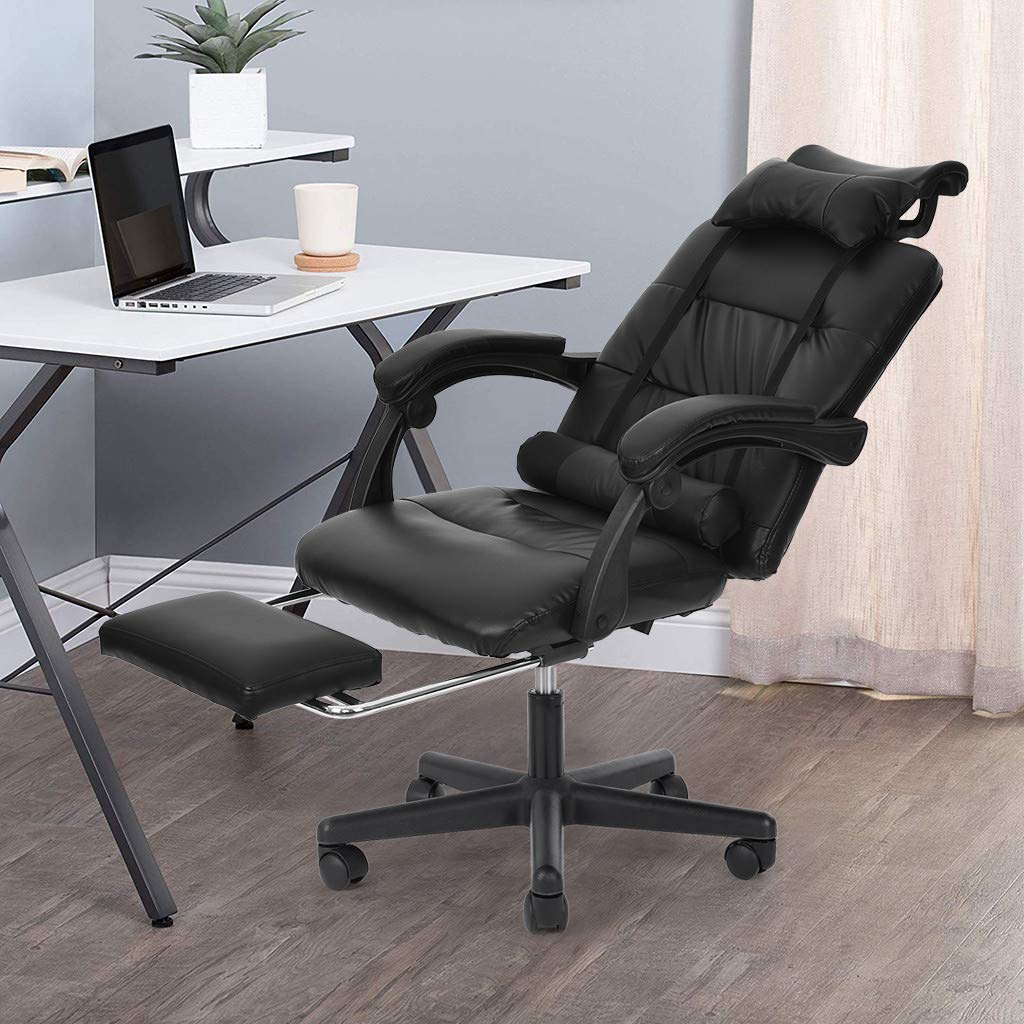 Ergonomic Office Chair with Adjustable Backrest & Footrest - Reclining Leather Gaming & Computer Desk Chair for Home, Office & Students - Comfortable Executive Swivel Task Chair (Black) - Perfect for Work, Study & Gaming Sessions