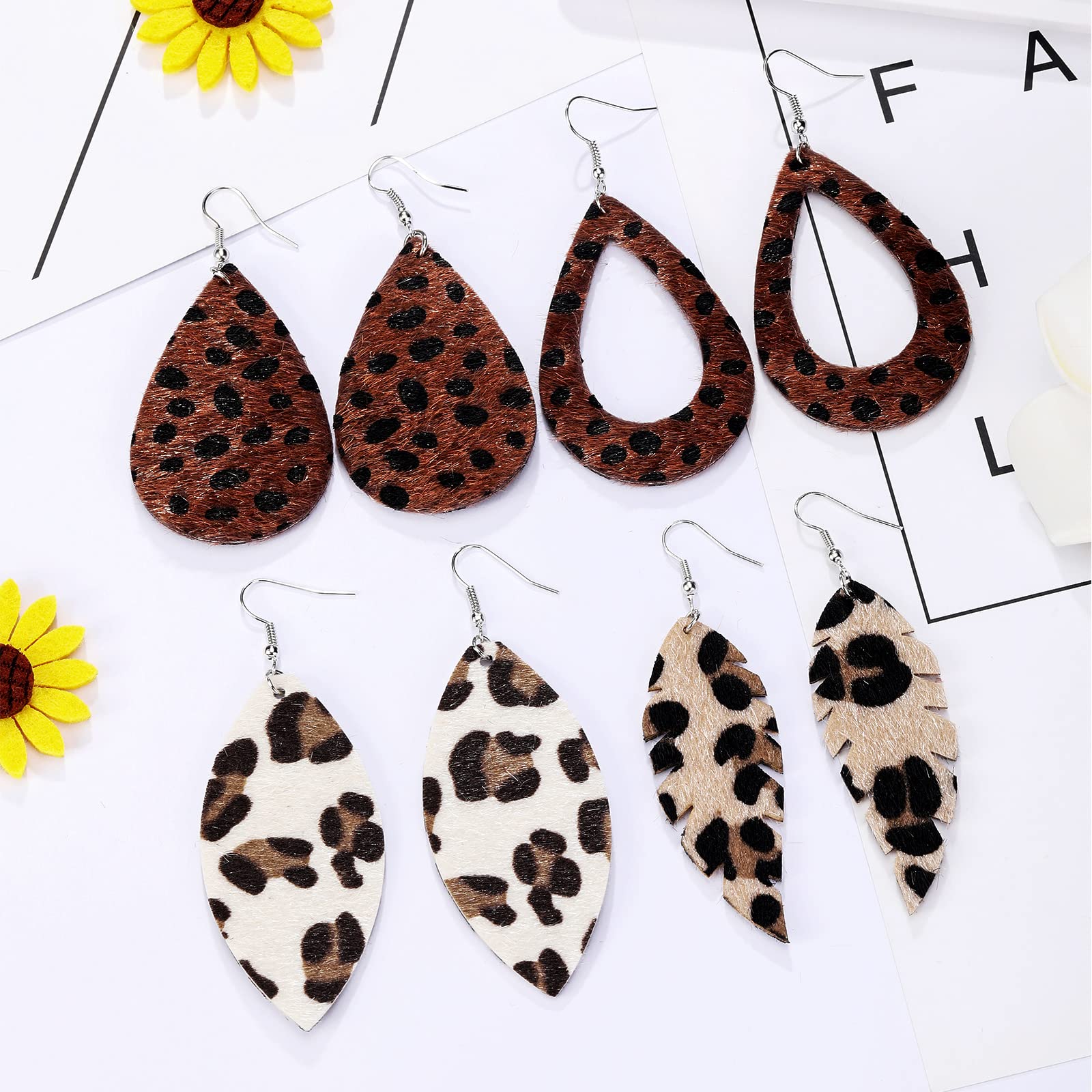 20 Pieces Women's Leather Earrings Set - Petal Leopard Print & Teardrop Dangle Earrings (Solid/Hollow Teardrop & Leaf Design) for Casual Wear, Parties & Gift Giving
