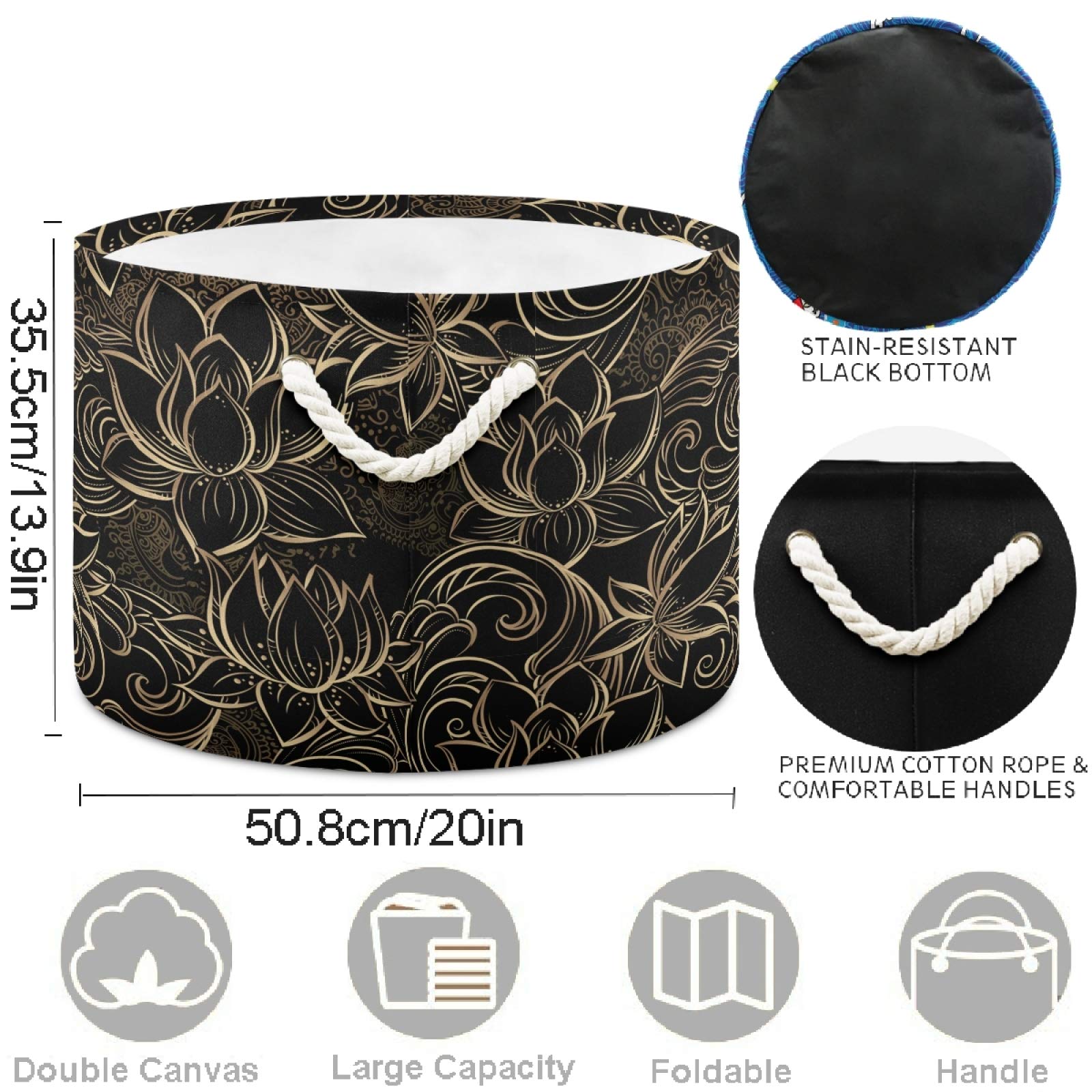 Visesunny Collapsible Large Capacity Storage Basket - Gold Black Lotus Floral Design for Clothes, Toys & Laundry | Durable Cotton Handles | Space-Saving Home Organizer for Bathroom, Bedroom, Nursery & Closet | Perfect for Small Spaces & Organization Needs