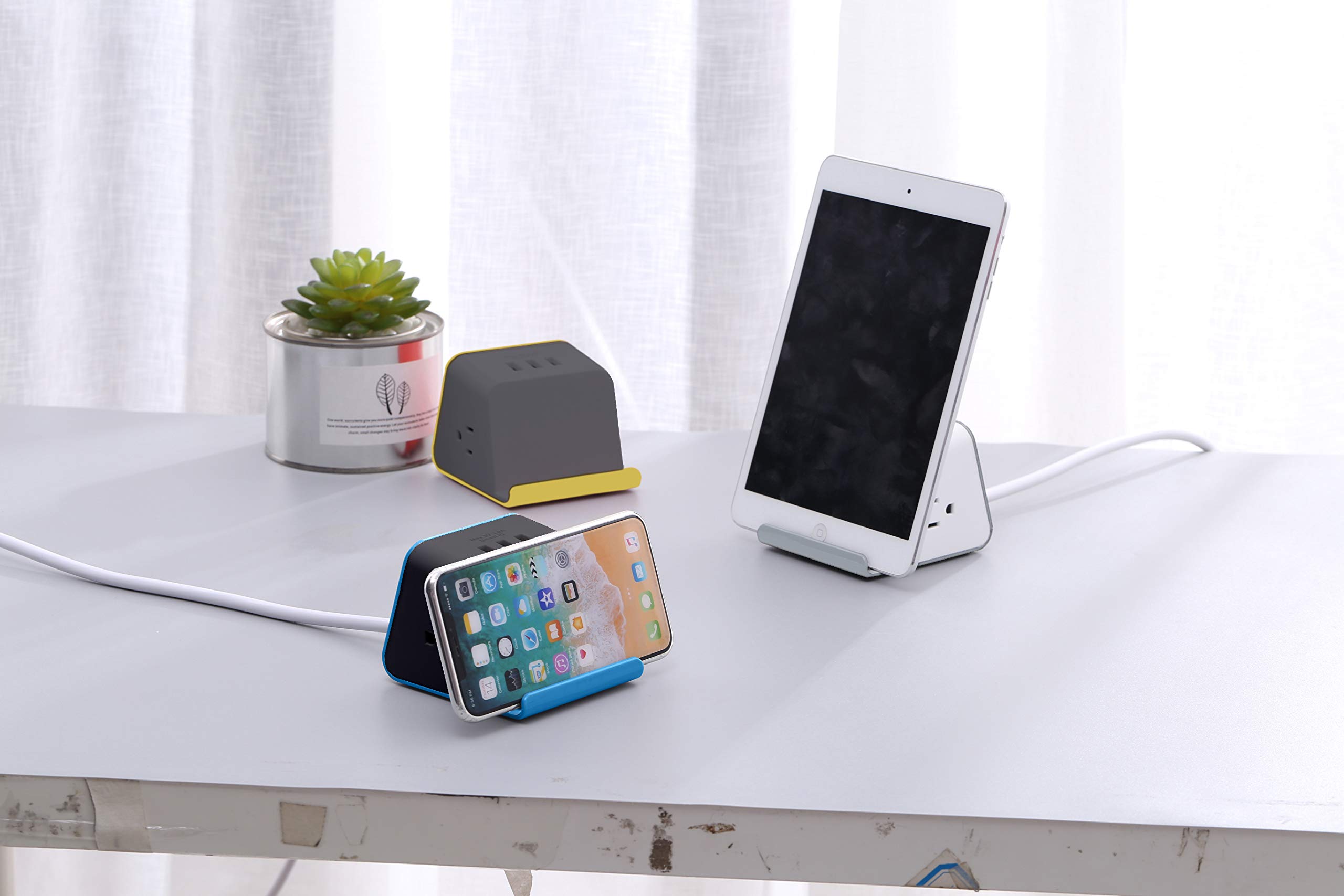MyDesktop 29W Wireless Charging Stand with 3 USB Ports & 2 AC Outlets - Fast Charger for iPhone, Samsung, AirPods, iPad & Laptops - Perfect for Home, Office & Travel (Yellow)