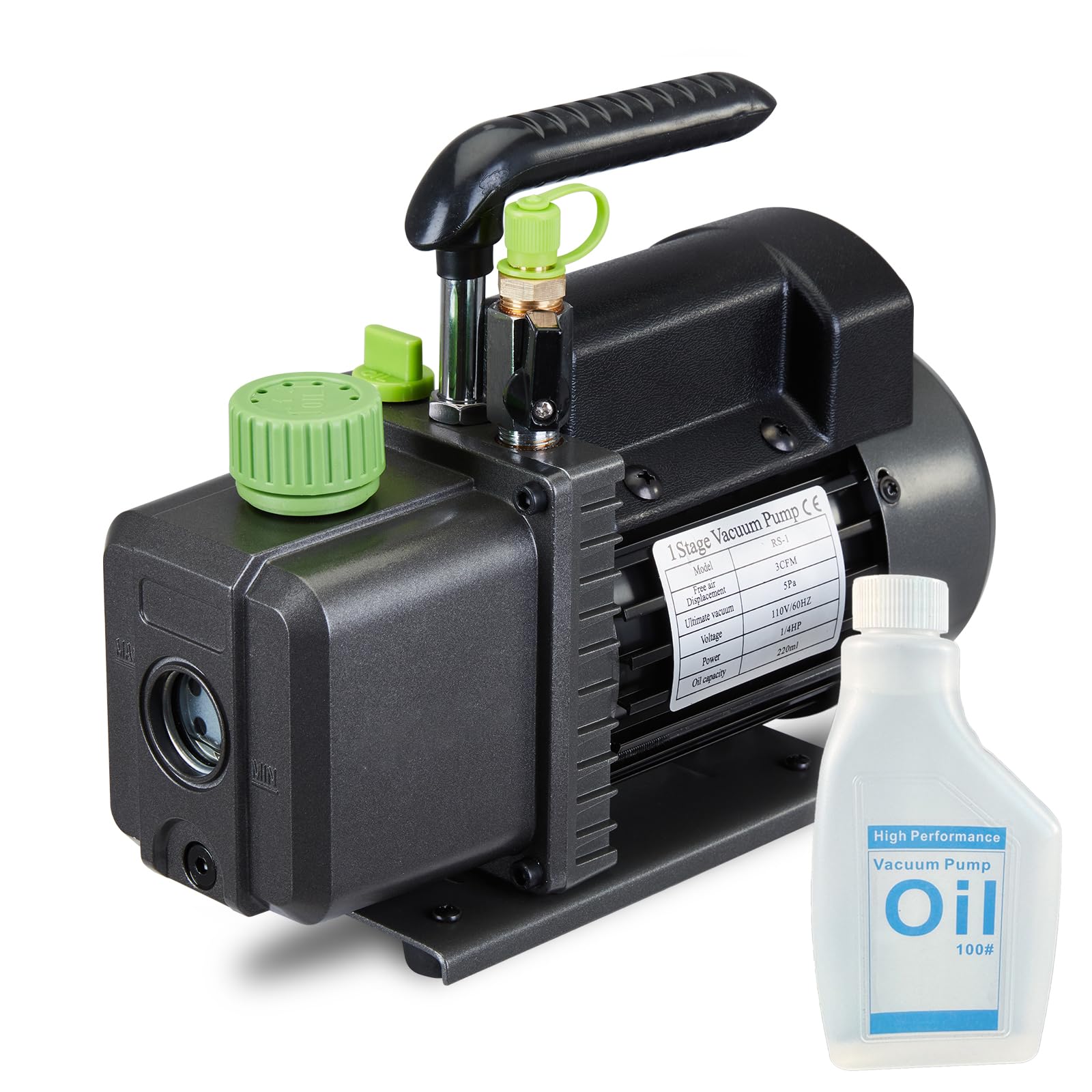 4 CFM 110V 1/3 HP Single Stage Rotary Vane Vacuum Pump for HVAC & Auto AC Refrigerant Recharging - Compatible with R12 R22 R134a R410a - Includes Oil - Ideal for AC Maintenance, Refrigerant Recovery, and Automotive Repair