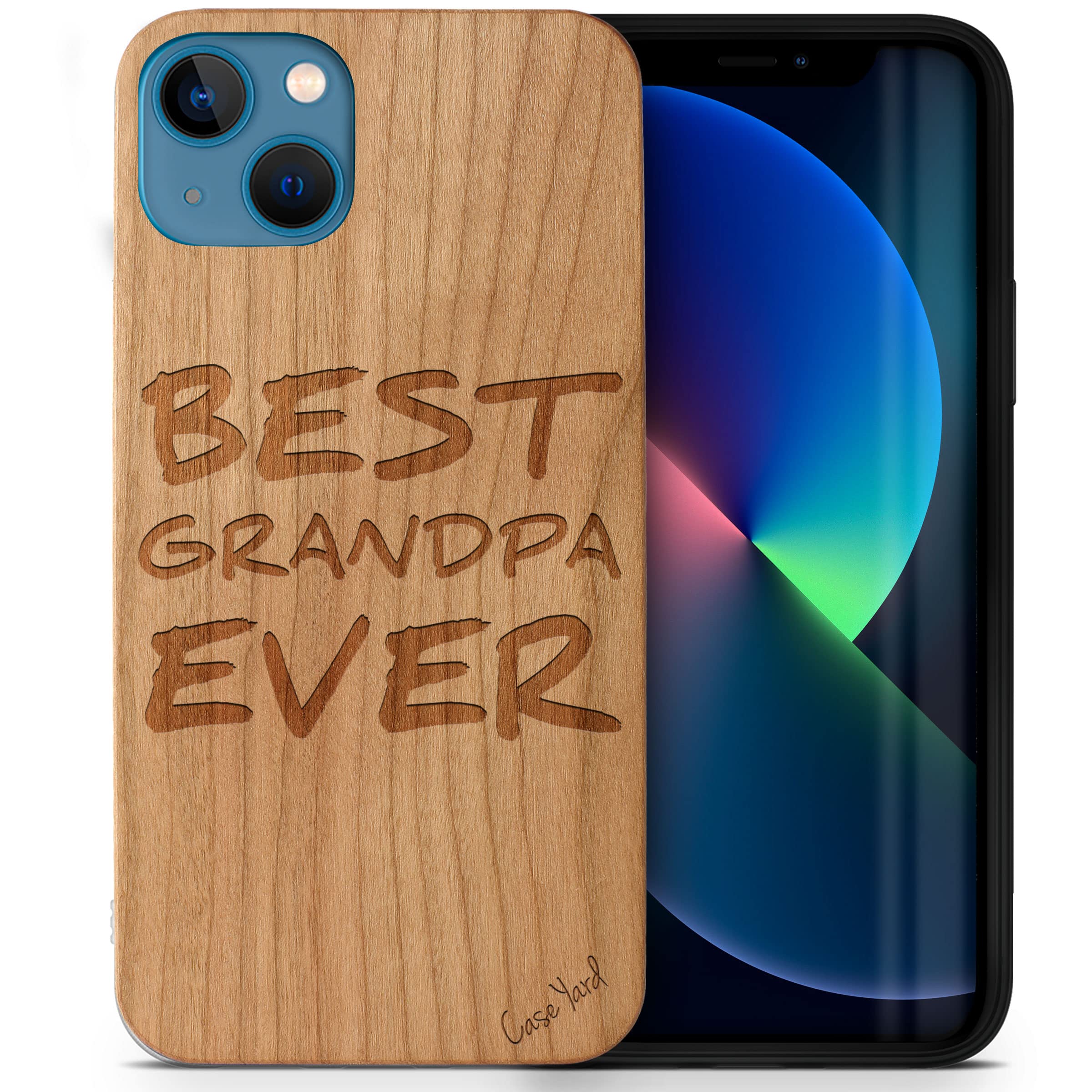 CaseYard Laser Engraved 'Best Grandpa Ever' Cherry Wood Phone Case for iPhone 13 Mini - Shockproof Slim Fit Protective Cover for Men & Women - Perfect Gift for Grandparents Day, Father's Day & Family Occasions