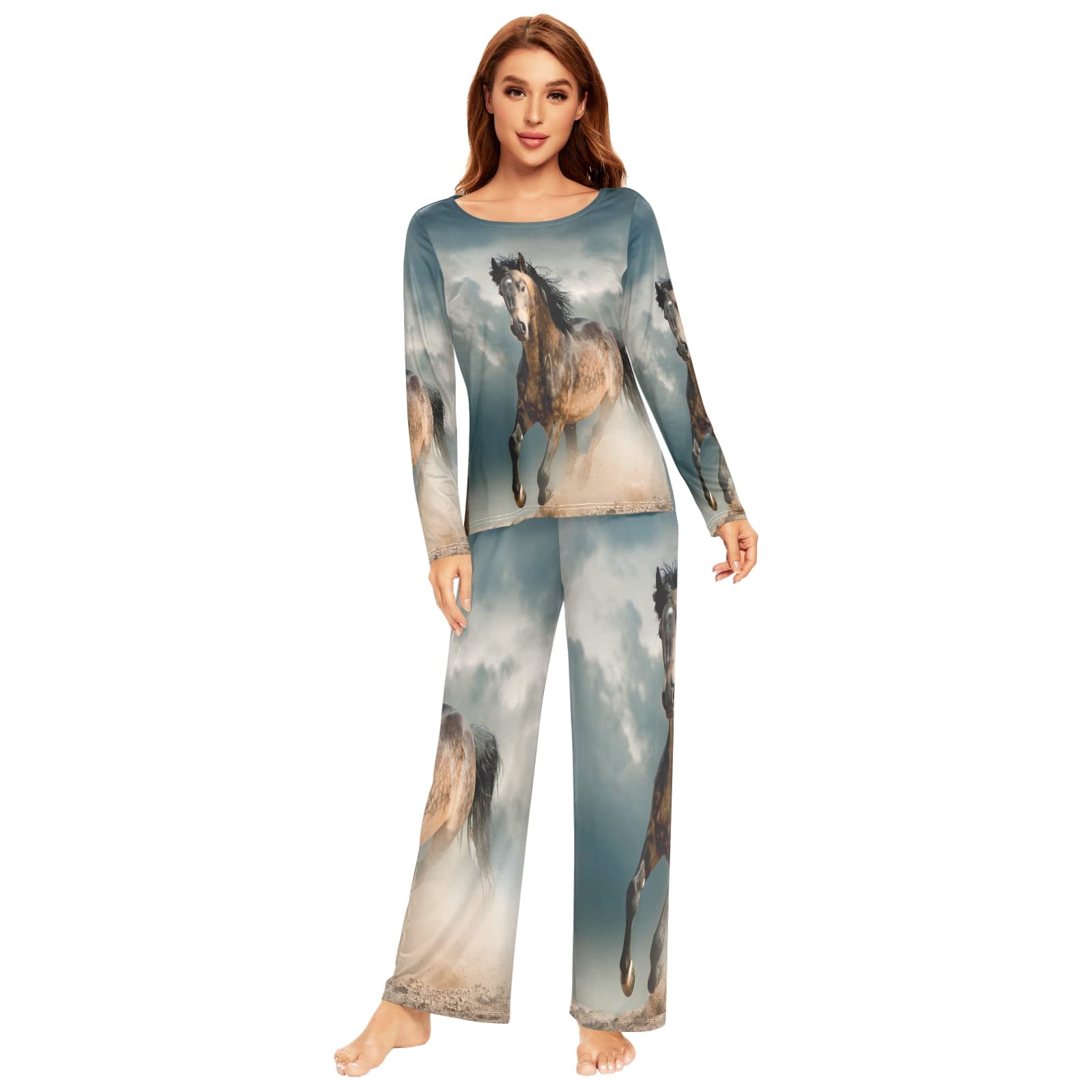 ALAZA Women's 2-Piece Horse Print Dust Pajama Set - Long Sleeve Sleepwear & Lounge Wear for Cozy Nights, Relaxing at Home, and Gift Giving