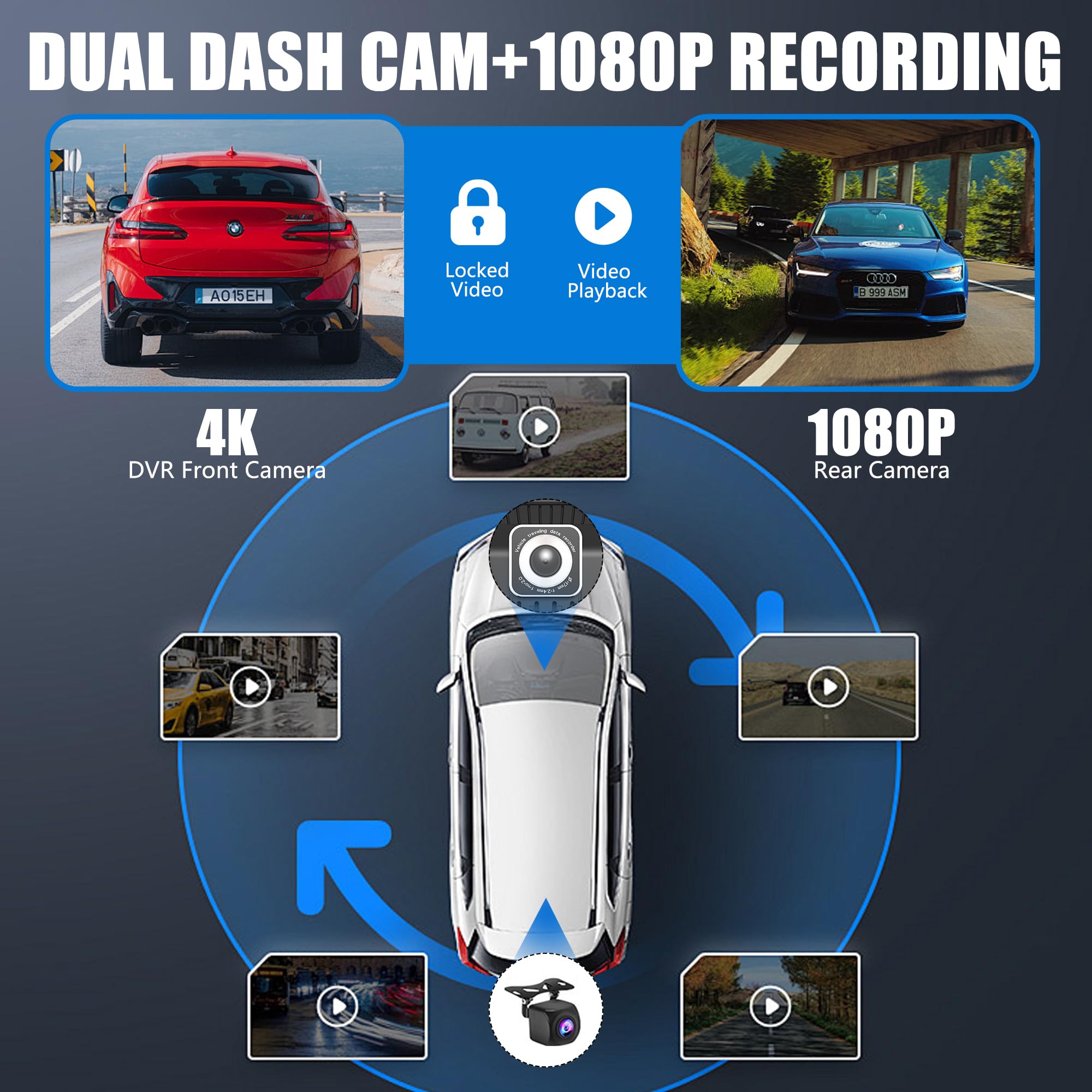 9-Inch Wireless Apple CarPlay & Android Auto Car Stereo - 4K Dash Cam with 1080P Backup Camera - Touchscreen GPS Navigation - Bluetooth & Voice Control - Universal Car Screen for All Vehicles - Perfect for Road Trips & Daily Commuting
