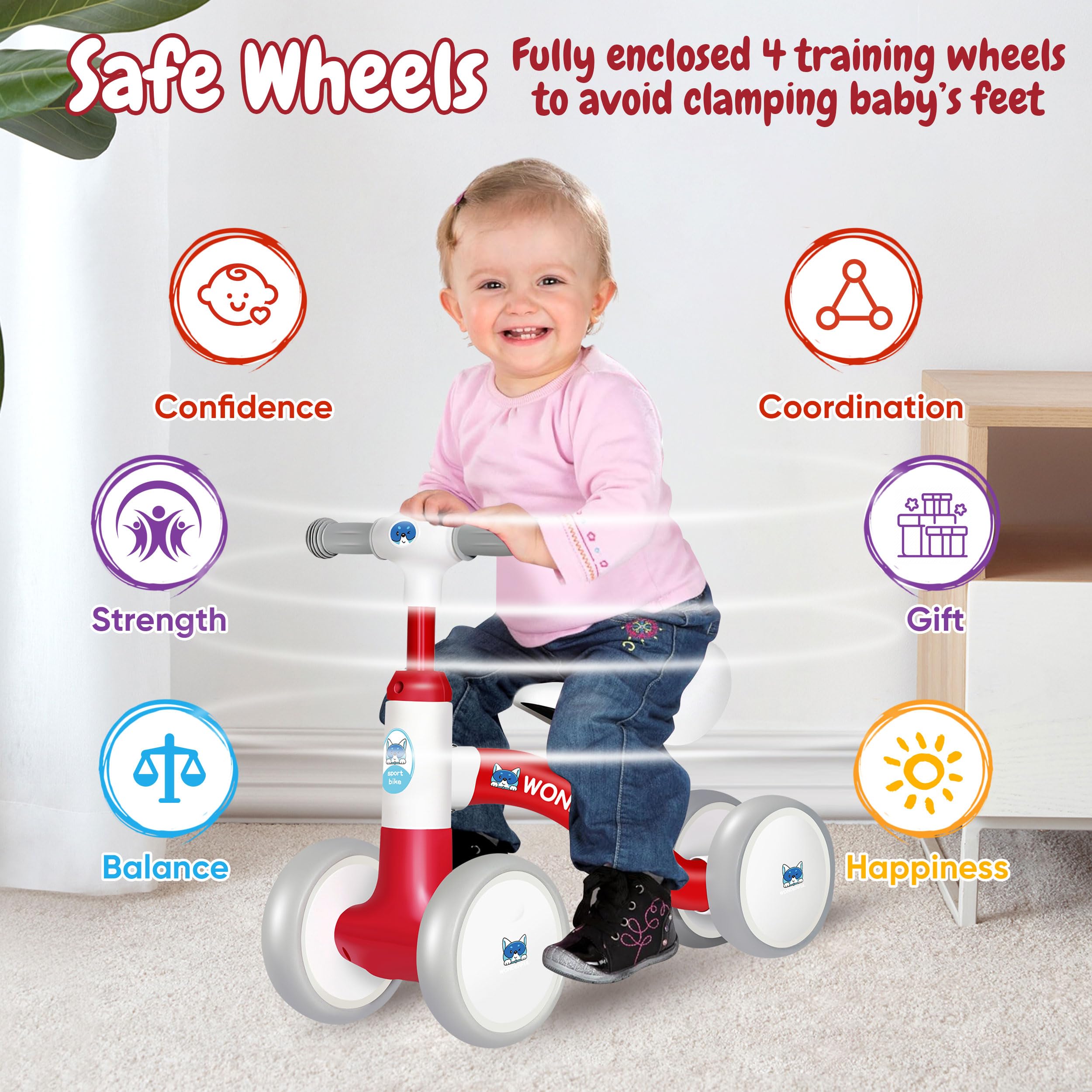 **Bakeling 4-Wheel Balance Bike for Toddlers 2+ Years Old - Kids Training Bike with Adjustable Seat - Perfect for Indoor & Outdoor Learning & Play**