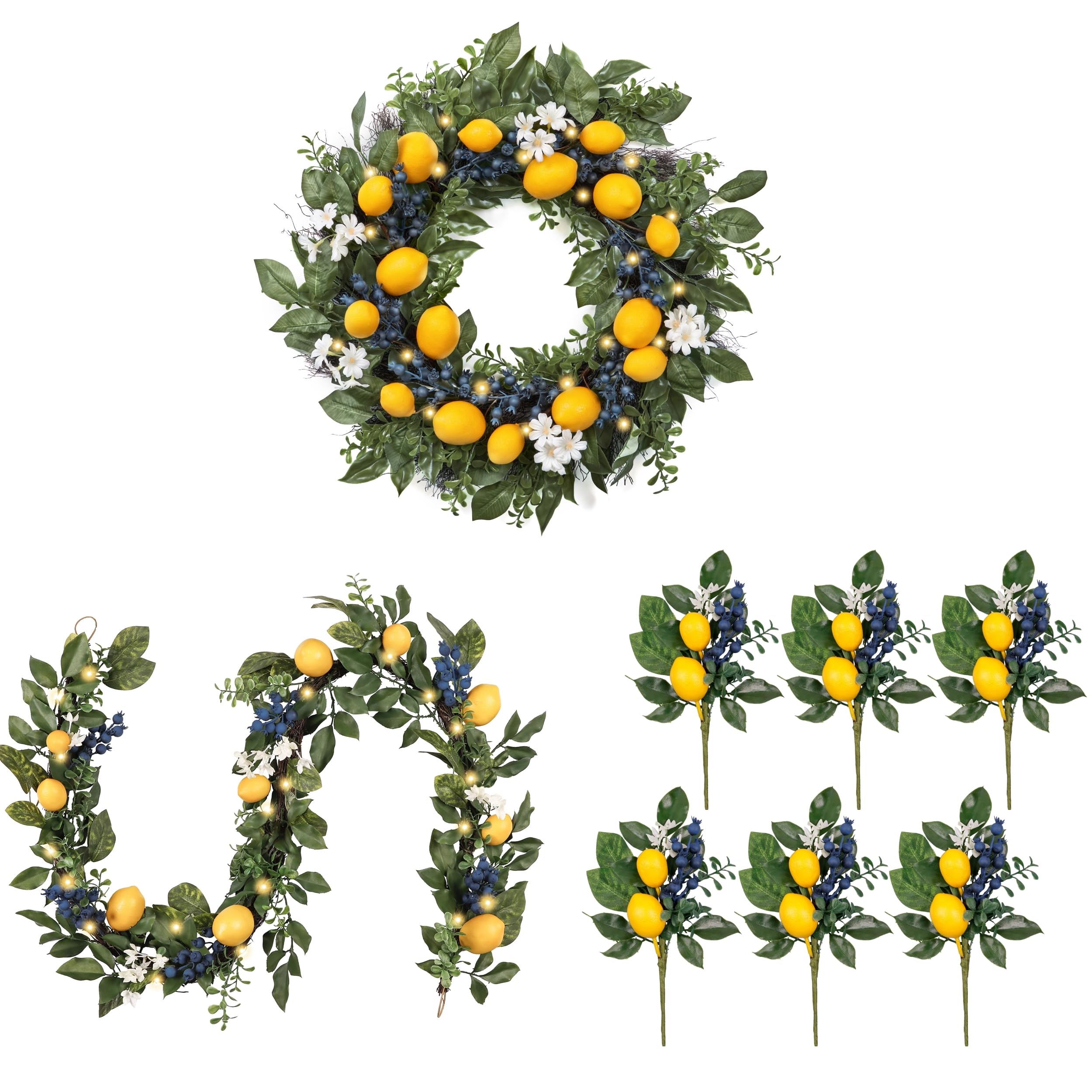 Valery Madelyn Spring Lemon Wreath Garland & Spring Picks Bundles - Floral Decor for Easter, Spring Home Decor, Front Door Wreath & Table Centerpiece
