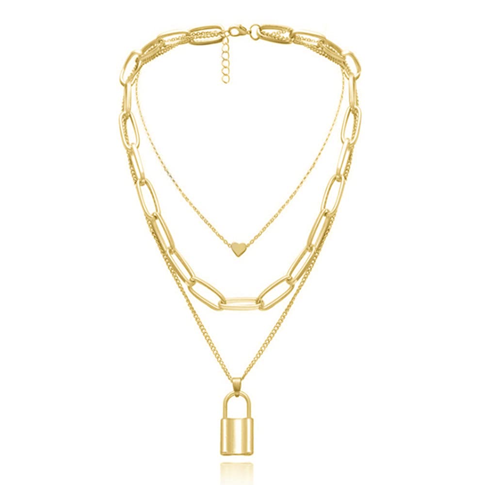 Gold & Silver Multilayered Lock & Heart Chain Necklace - Punk Style Jewelry for Women, Men & Teen Girls - Perfect for Valentine's Day, Anniversary Gifts & Everyday Fashion