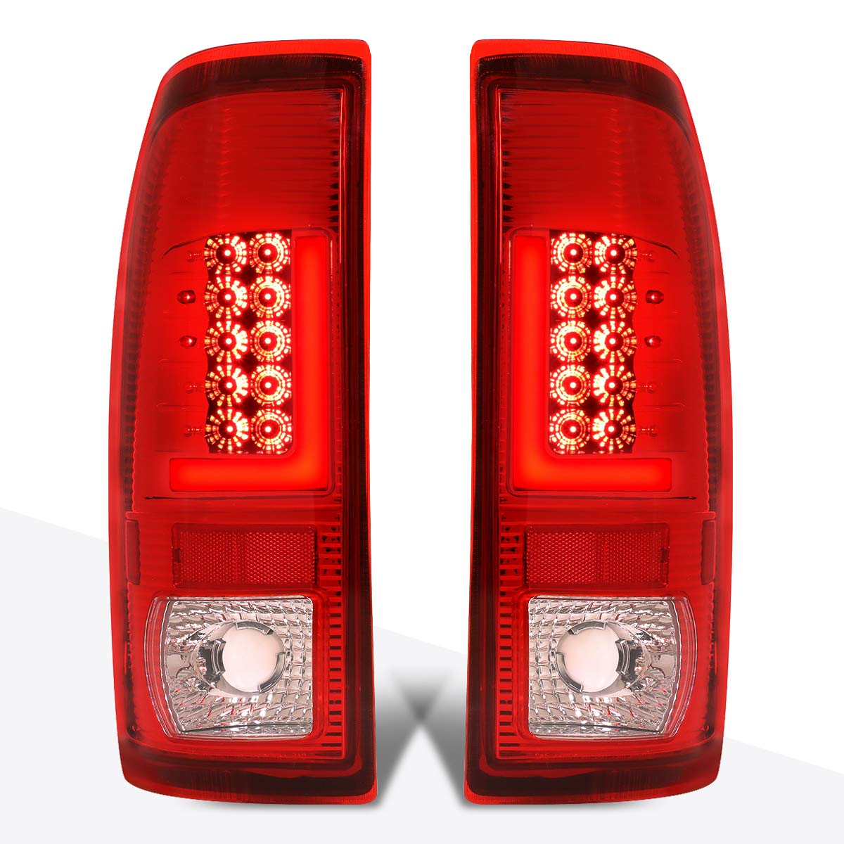 PM PERFORMOTOR Red L-Shape 3D LED Tail Brake Light Bar Assembly - Compatible with 1997-2007 Ford F250 F350 F450 F550 Super Duty Trucks - Chrome Housing with Red Lens - Enhanced Visibility & Safety for Night Driving & Towing
