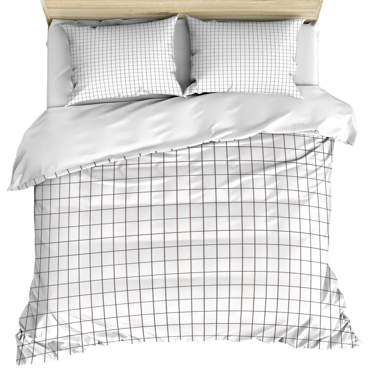 Plaid Duvet Cover Set 3-Piece Twin Size - White Check Trellis Geometric Pattern, Ultra Soft Breathable Washed Cotton Bedding with Corner Ties & Zipper Closure (1 Duvet Cover + 2 Pillow Shams) - Perfect for Cozy Bedrooms, Guest Rooms & Dorm Decor