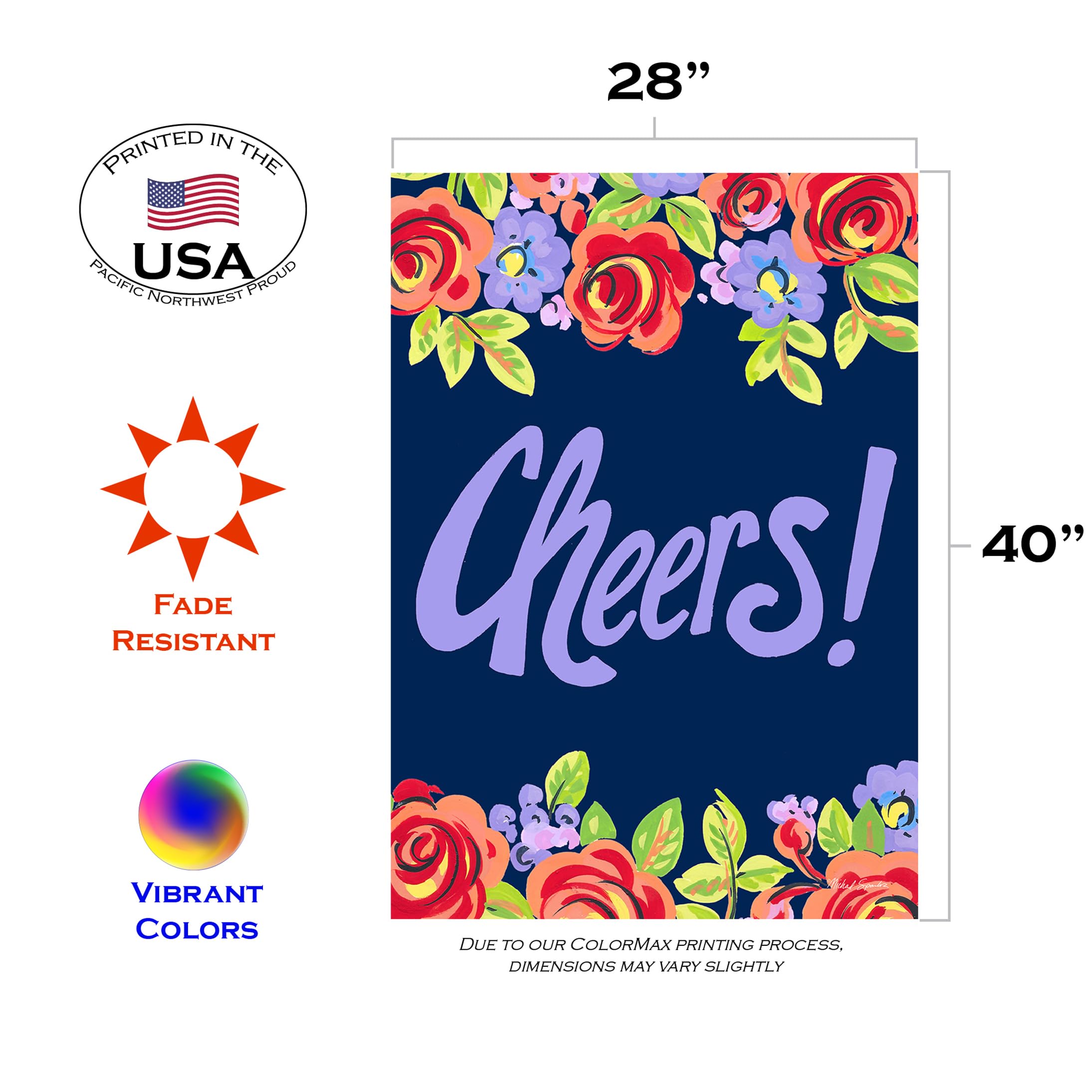 Toland Home Garden 28x40 Inch Double Sided Purple Floral Cheers Flag - Outdoor Decorative House & Yard Flower Banner for Patio, Lawn, Garden Welcome Decor