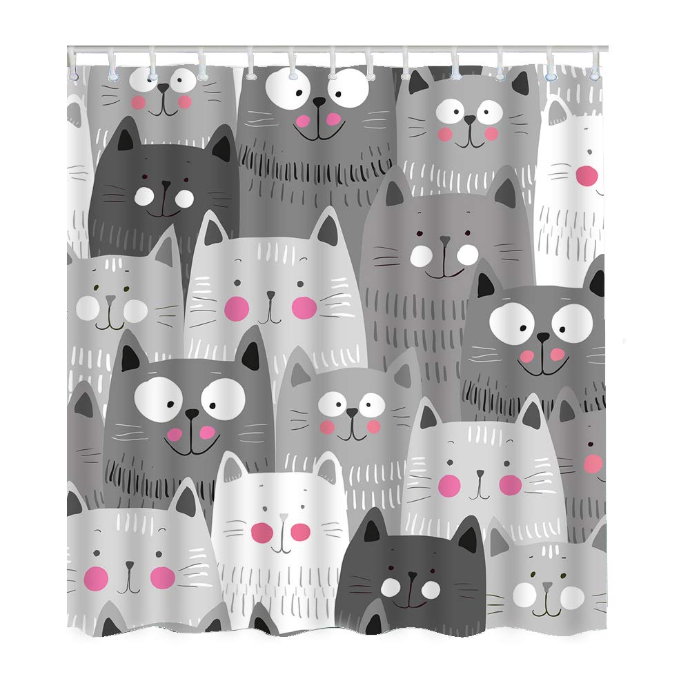 Cute Cartoon Cat Shower Curtain Set - 72x72 Inch Polyester Fabric with Hooks, Funny Kitten Head Doodle Smile Design for Bathroom Decor - Perfect for Kids' Bathroom, Pet Lover's Home, and Themed Nursery Decor