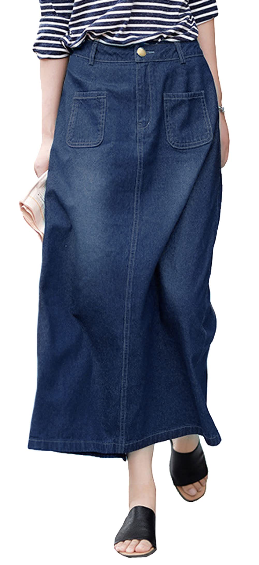 Vintage Denim A-Line Maxi Skirt for Women - High Waist Long Jean Skirt with Zip Up Pockets | Perfect for Casual Outfits, Boho Style, and Summer Fashion