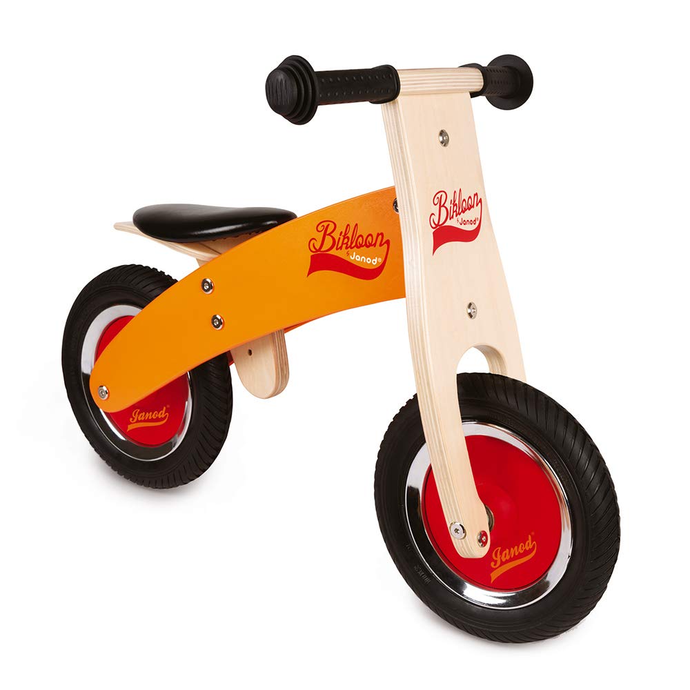 Janod Wooden Balance Bike for Toddlers - Little Bikloon First Bike in Orange & Red - Learn Balance & Independence - Ages 2+ (J03263) - Perfect for Outdoor Play, Park Rides & Early Childhood Development