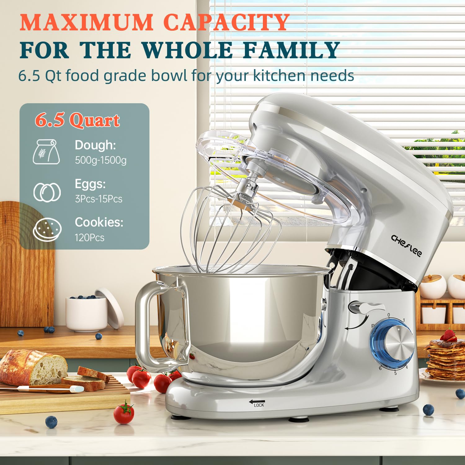 600W Stand Mixer by CHeflee - 6.5QT Stainless Steel Bowl with Dough Hook, Wire Whip & Beater - Powerful 6-Speed Kitchen Mixer for Baking, Whipping & Kneading - Perfect for Cakes, Cookies, Bread & Pizza Dough - Silver