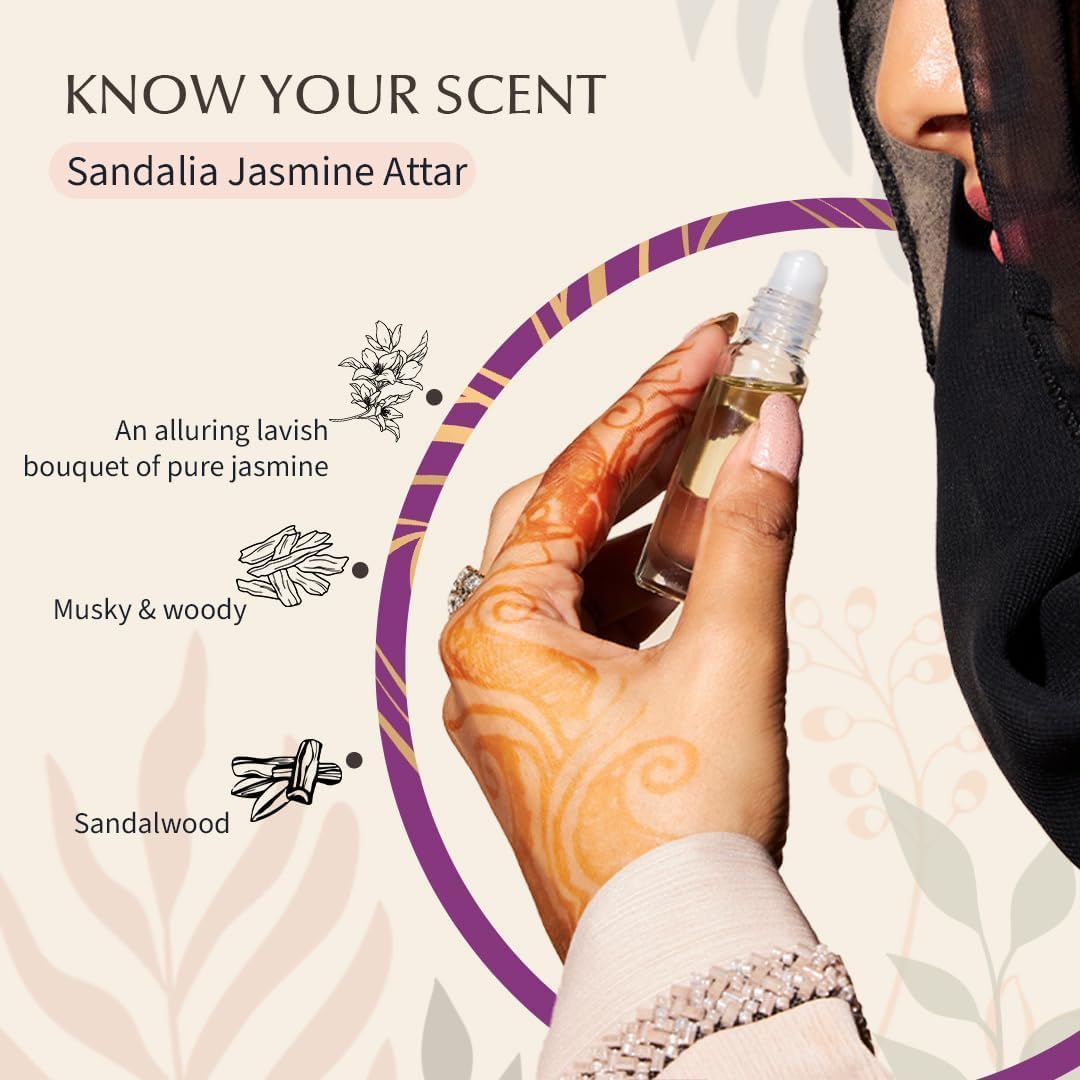 Pure Jasmine Attar Oil Roll-On Perfume for Men & Women - 100% Natural Arabic Ittar, Sandalwood & Chandan Fragrance - Vegan Islamic Perfume Oil for Eid, Ramadan Gifts, Daily Wear & Spiritual Use