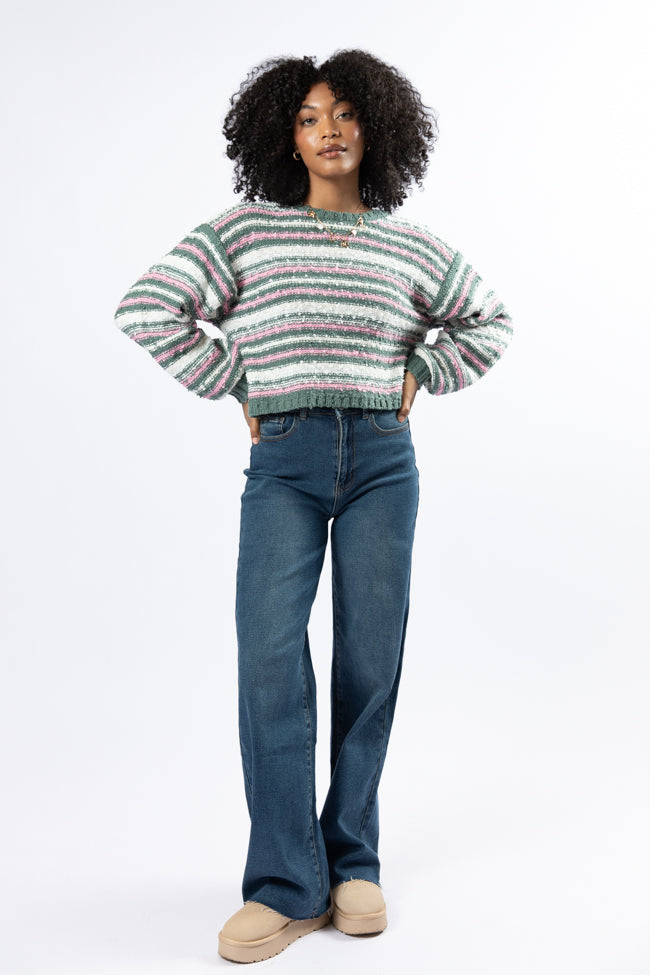 Stylish Green Multi-Striped Popcorn Knit Sweater for Women - Cozy Fall & Winter Fashion - Perfect for Casual Outings, Coffee Dates, and Weekend Getaways