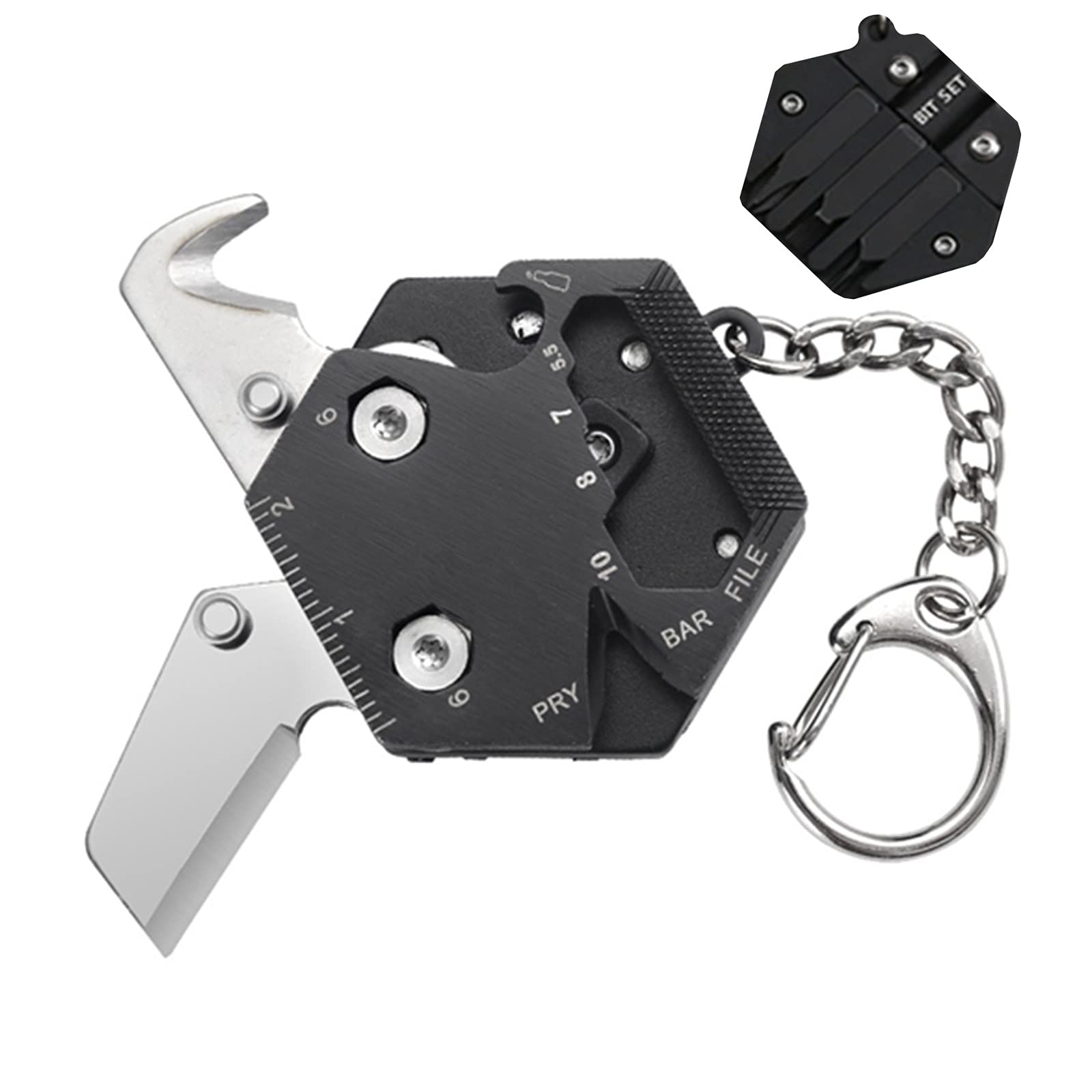 Wulinjoin Multifunctional Hexagon Folding Keychain Knife - 420 Stainless Steel Pocket Tool for Outdoor, Camping, Hiking & Emergency Survival | Compact EDC Gear with Removable Design (Black)