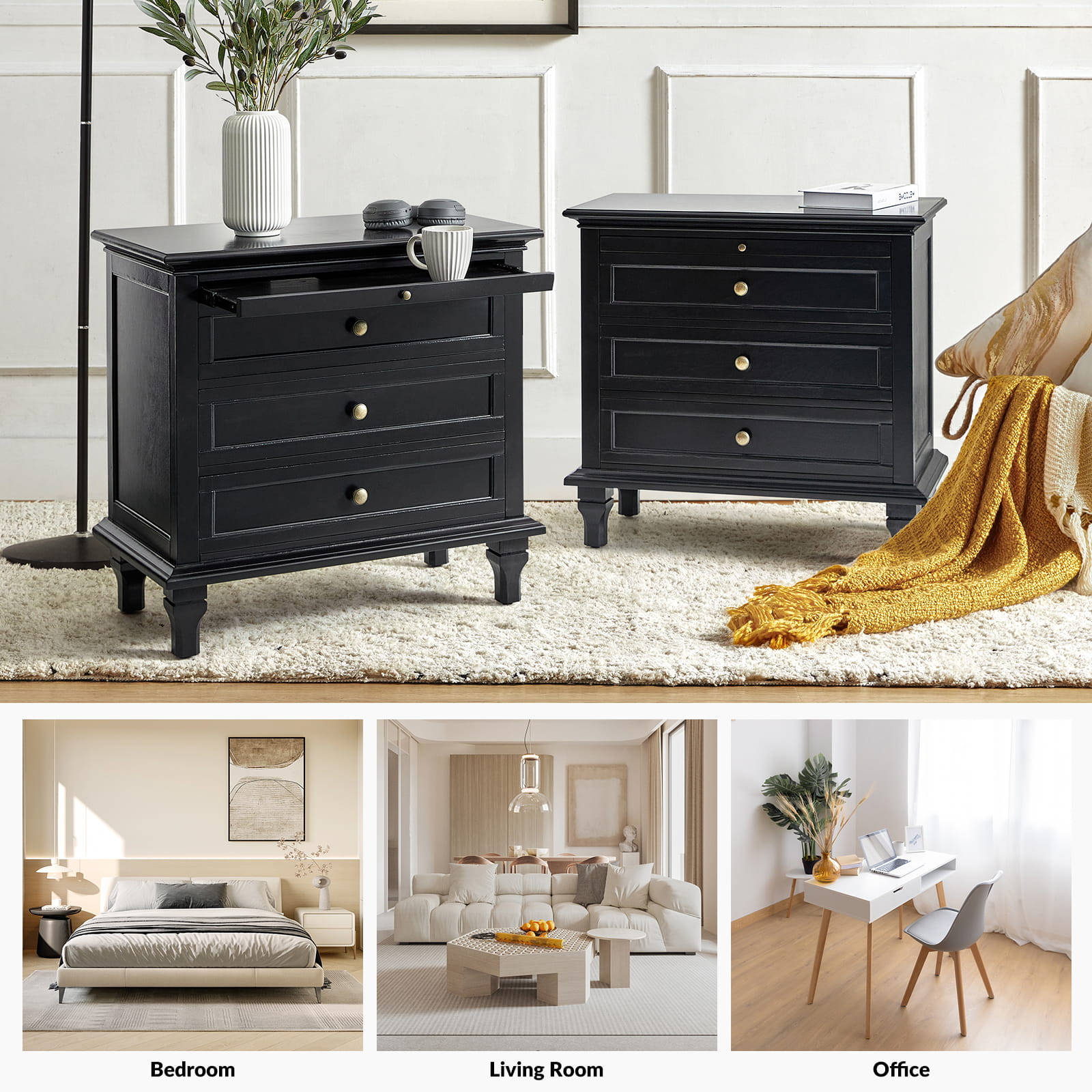 Galatea 3-Drawer Nightstand with USB Charging Ports & Power Outlets - Modern Bedside Table with Storage for Bedroom, Living Room or Office