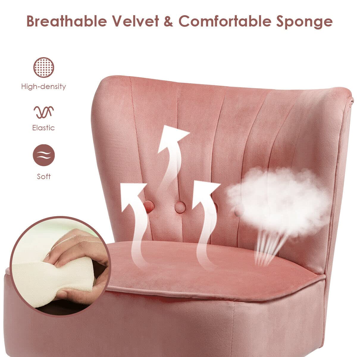 Modern Velvet Tufted Armless Accent Chair with Rubber Wood Legs - Comfy Single Sofa for Living Room, Bedroom & Office - Pink | Perfect for Small Spaces, Reading Nooks & Cozy Corners