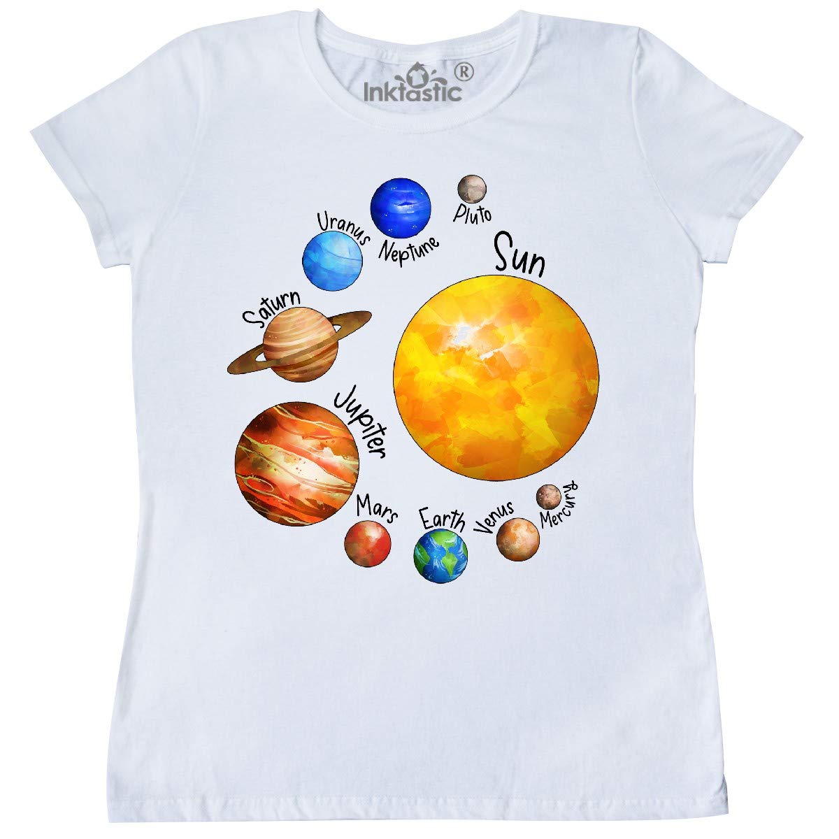 Inktastic Sun and Planets - Yes, and Pluto Women's T-Shirt | Space & Astronomy Graphic Tee for Women | Casual Wear & Gift for Science Lovers
