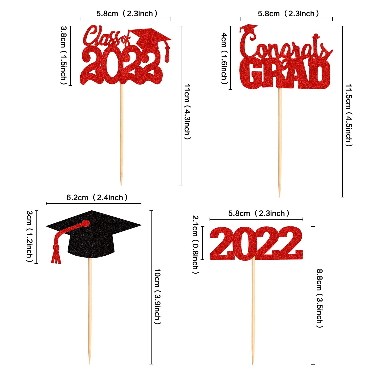24 Pack Class of 2022 Graduation Cupcake Toppers - Congrats Grad Cake Decorations, Red Food Picks for Graduation Party Supplies (Perfect for High School & College Graduation Celebrations)