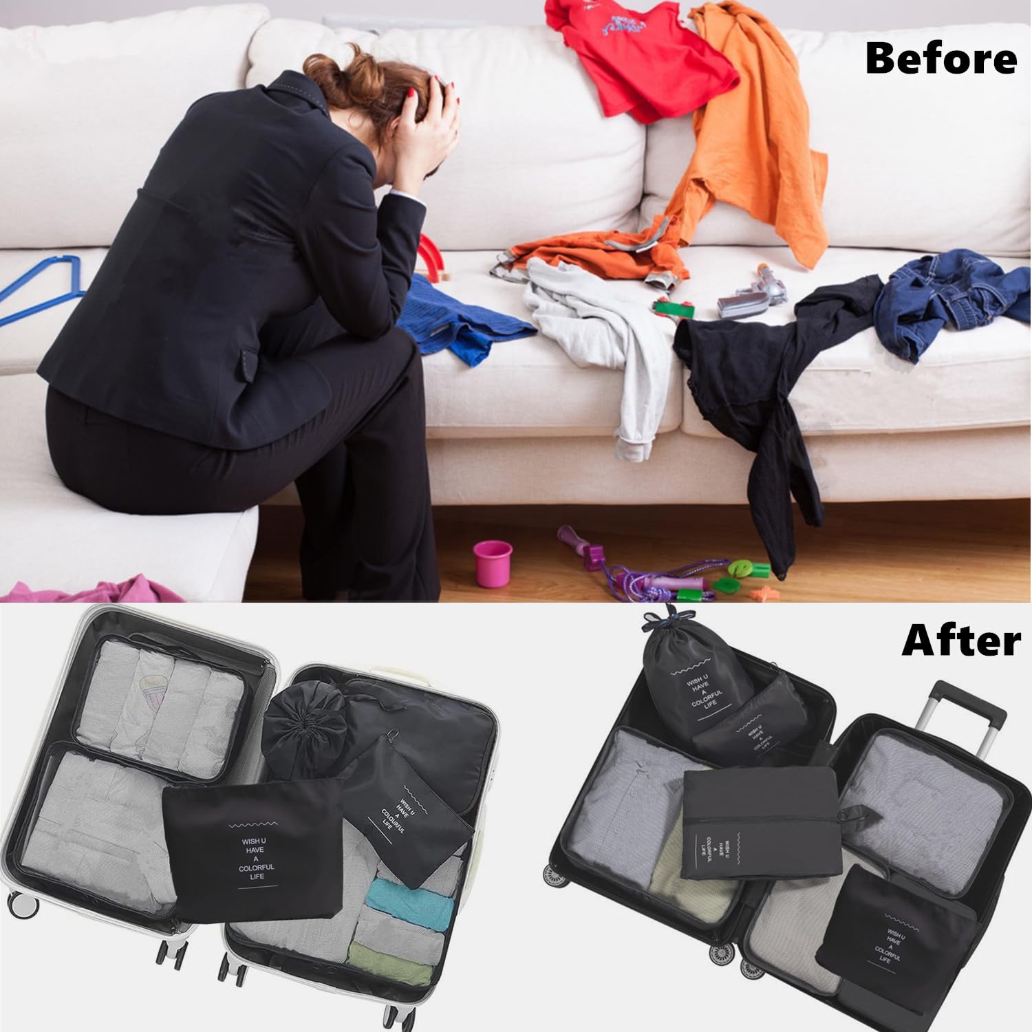 7-Piece Packing Cubes Set - Travel Organizer & Compression Storage Bags for Luggage, Suitcases & Backpacks - Perfect for Clothes, Underwear & Cosmetics (Black) - Ideal for Business Trips, Vacations & Weekend Getaways